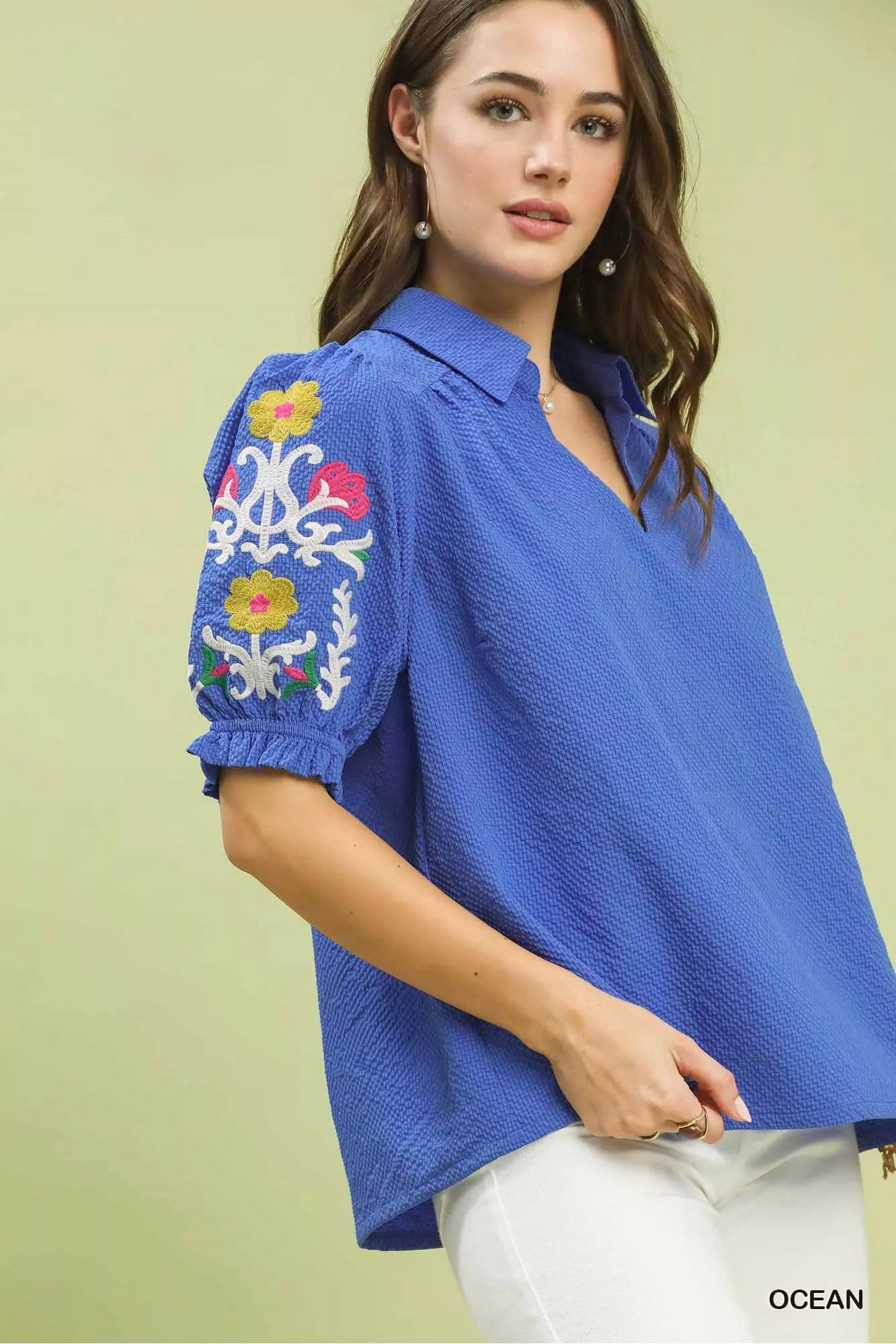 Umgee Seersucker Embroidered Sleeve Blouse Secondary image