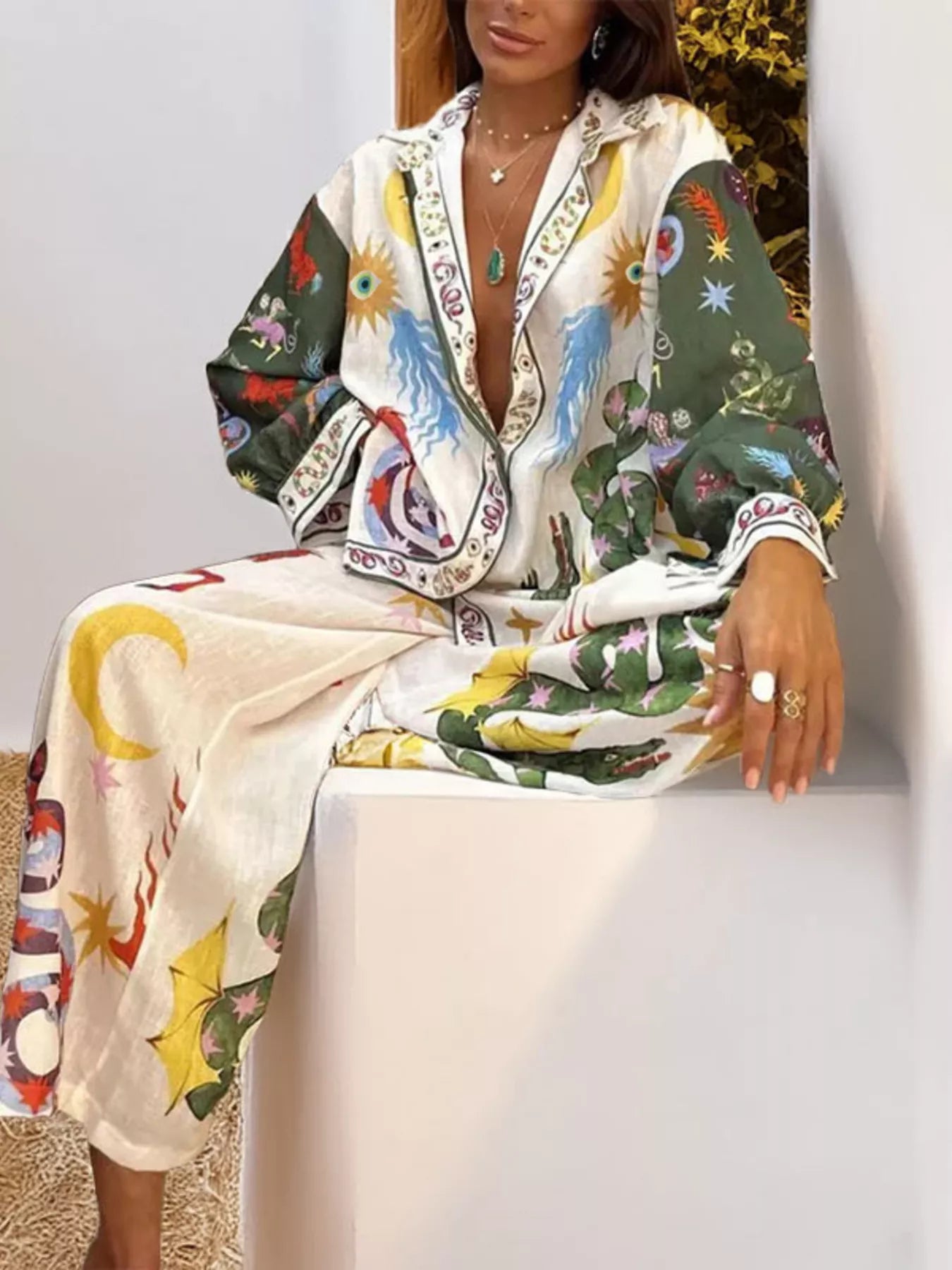 Full Size Printed Long Sleeve Shirt and Wide Leg Pants Set Plus Size Secondary image