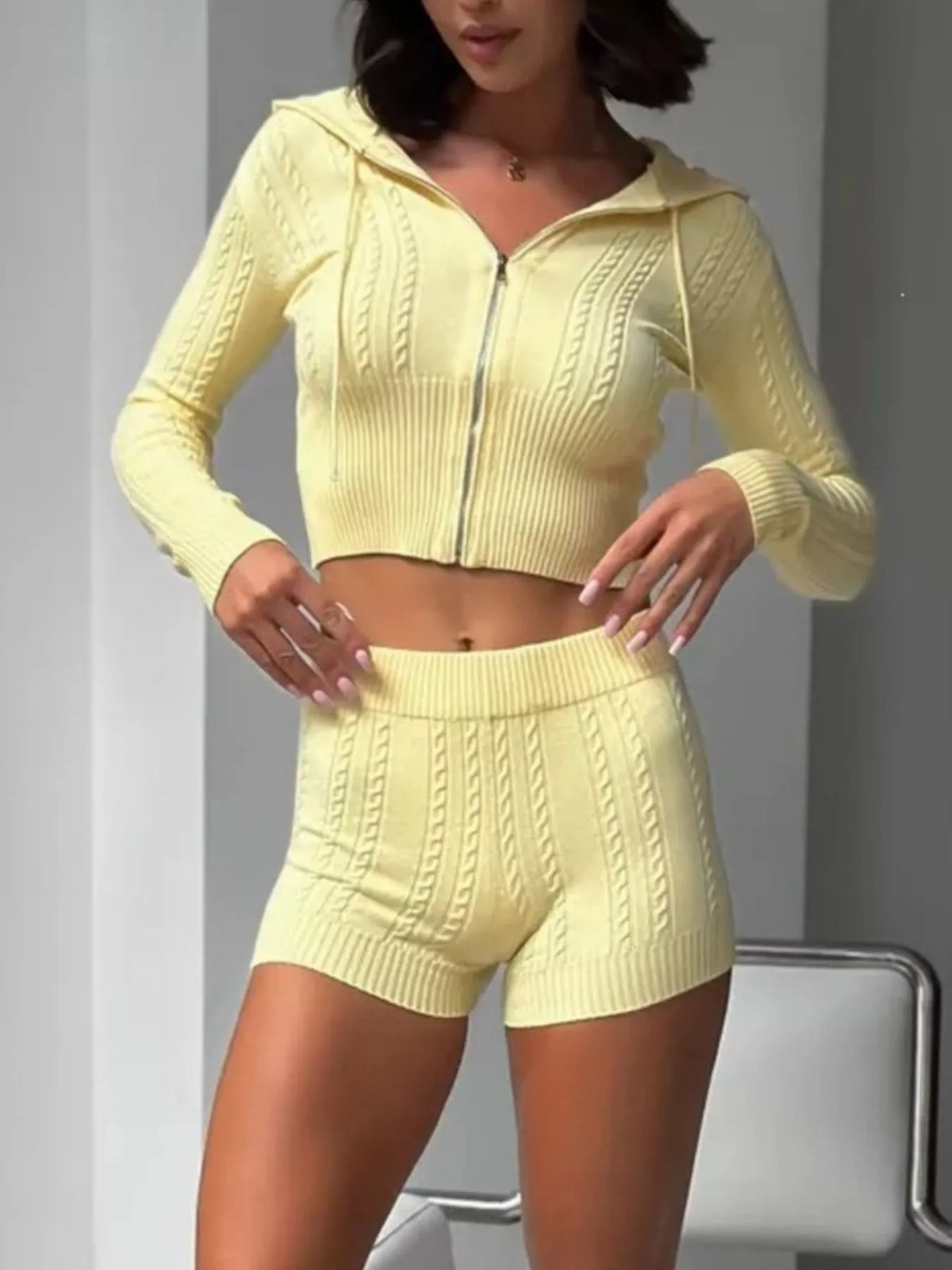 Cable Knit Zip-Up Hooded Top and Shorts Lounge Set - photo 9