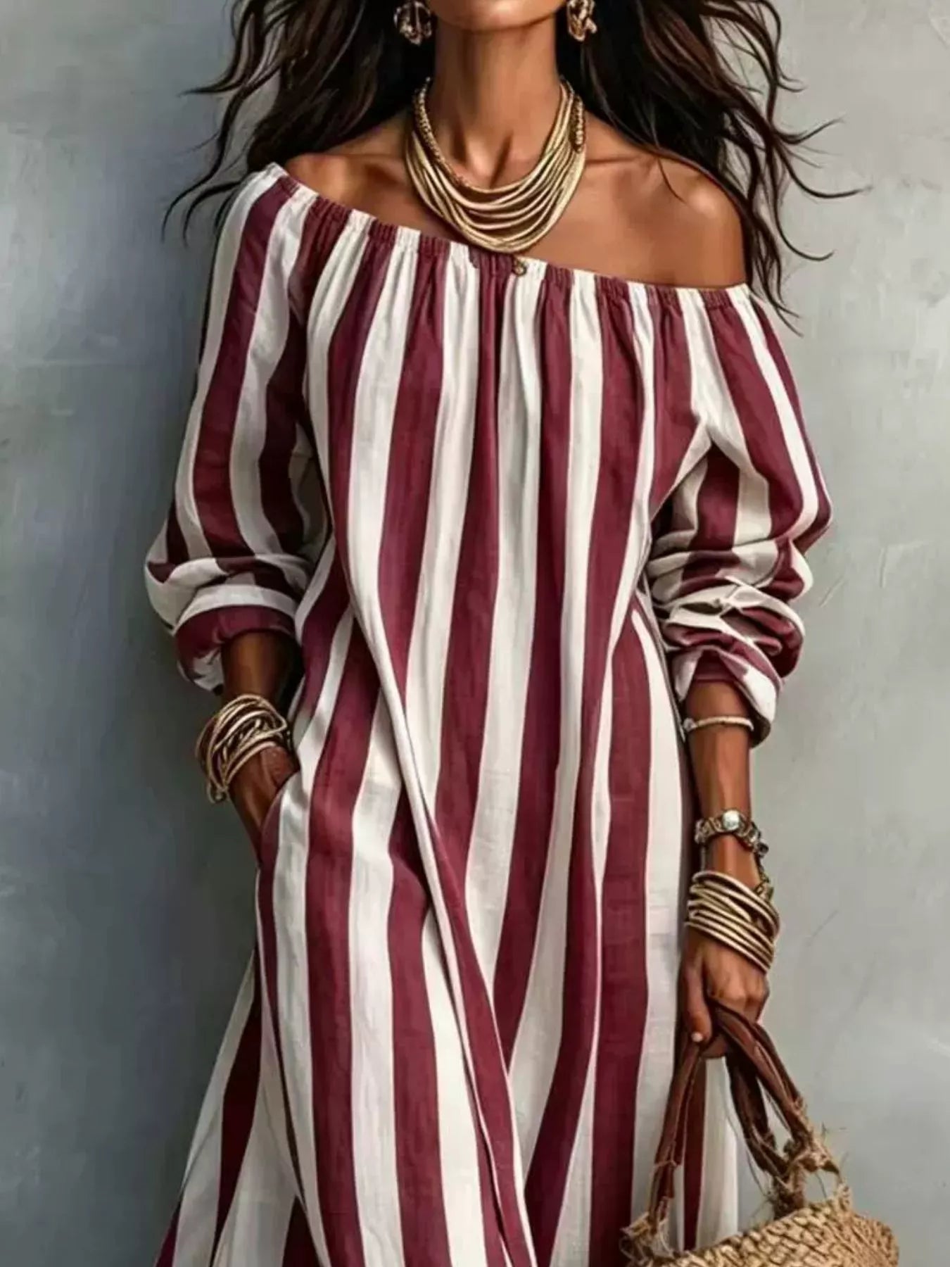 Off-Shoulder Striped Dress with Pockets Secondary image