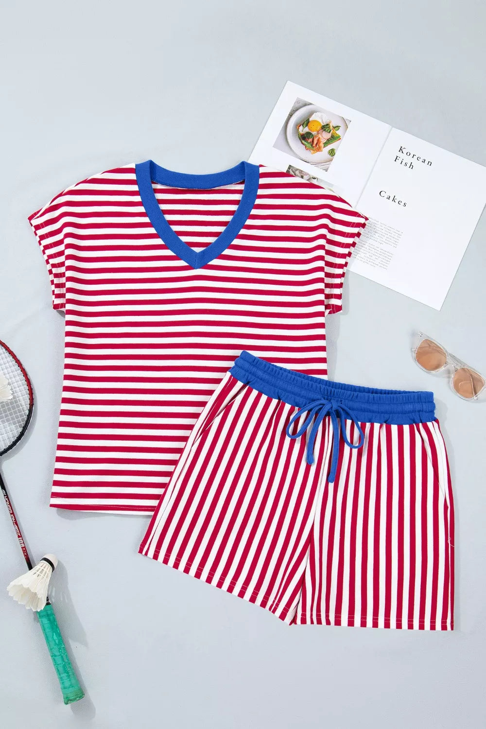 Stripe Colorblock Trim V Neck Tee Drawstring Elastic Waist Shorts Set Secondary image