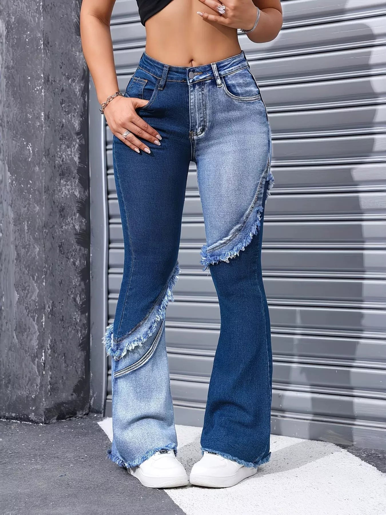 Two Tone Frayed Hem Flare Jeans Secondary image