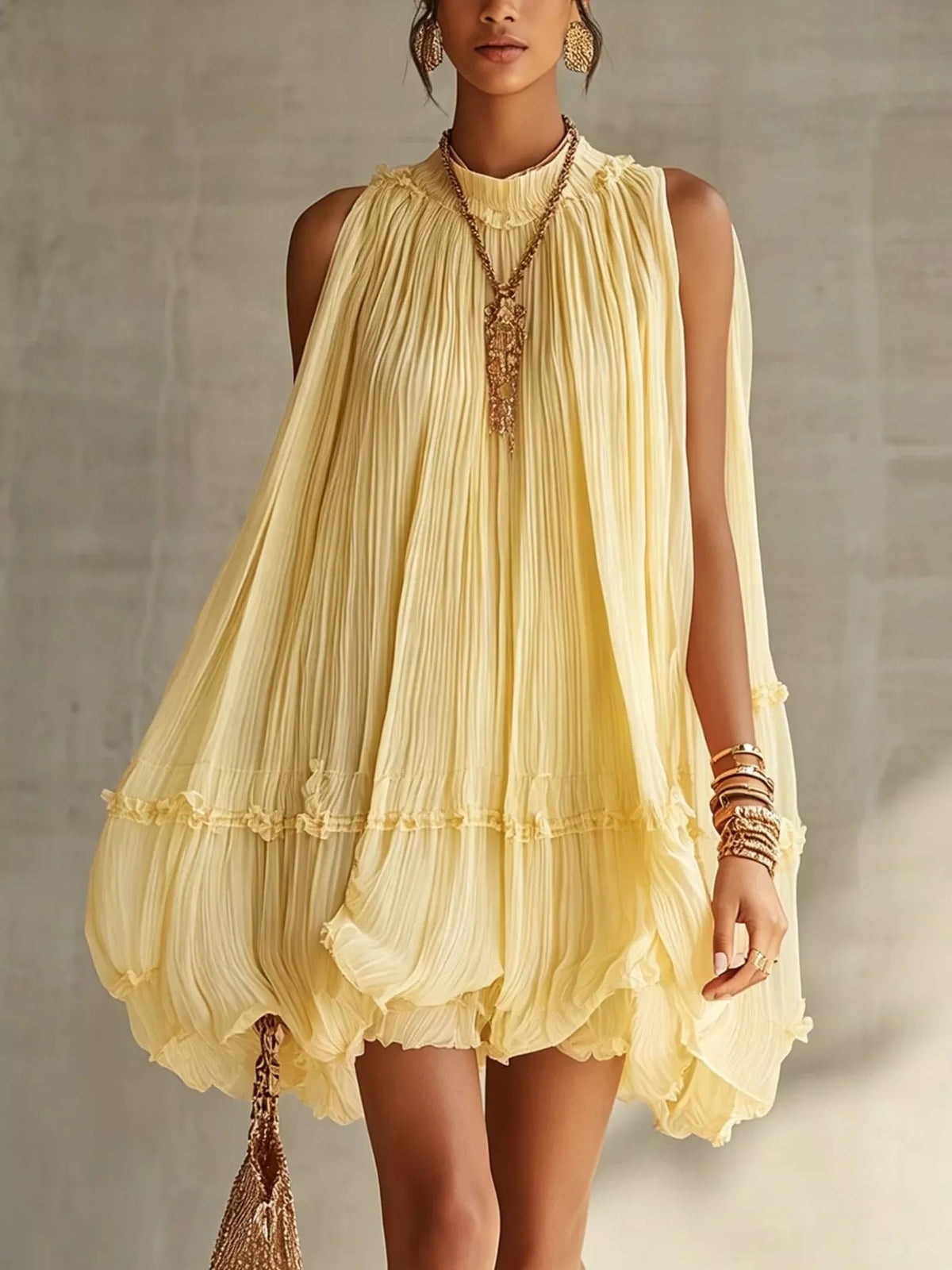 Pleated Mock Neck Sleeveless Mini Dress - photo 4