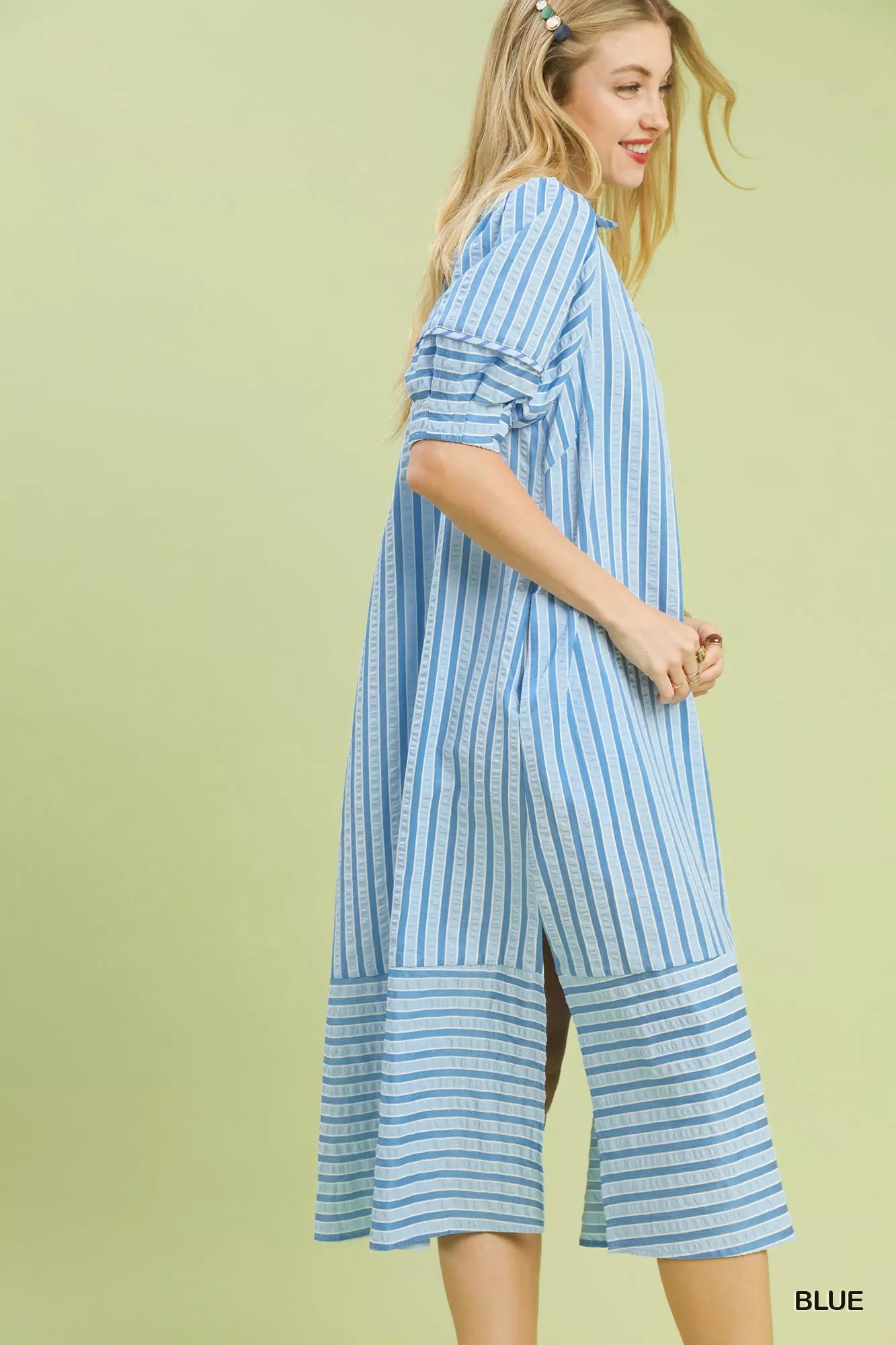 Umgee Striped Puff Sleeve Midi Dress Secondary image