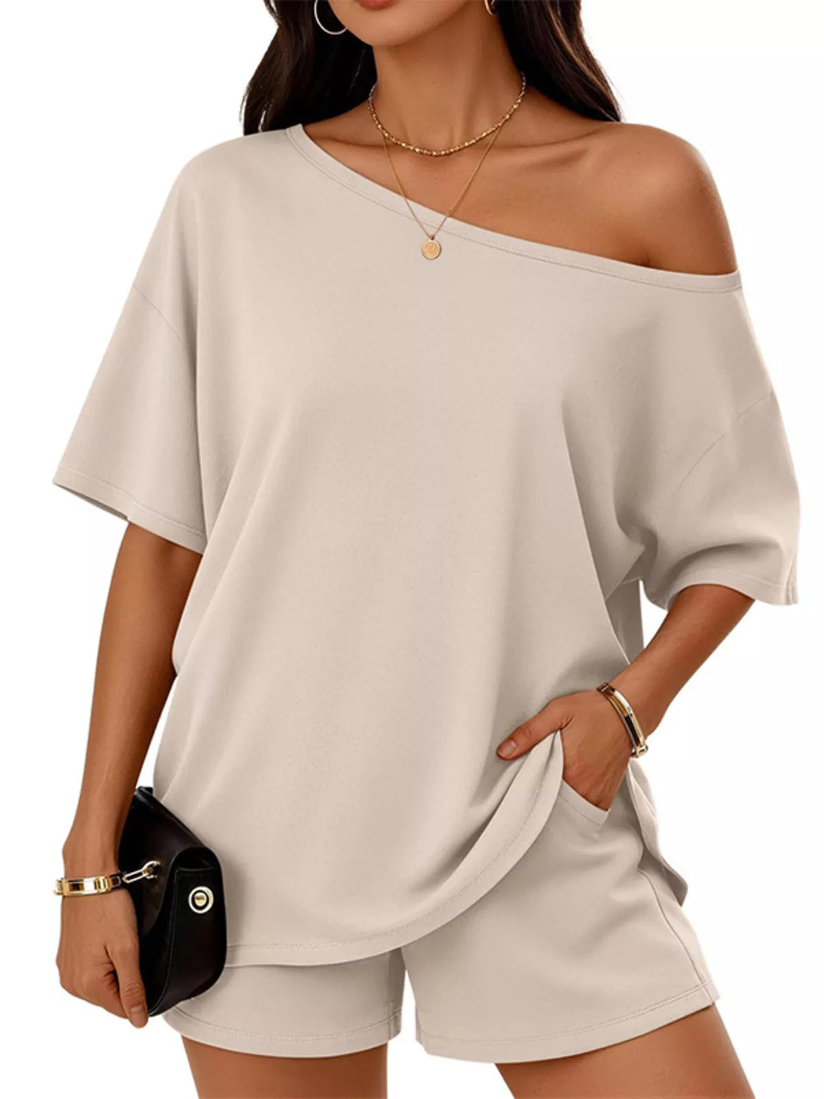 One-Shoulder Short Sleeve Top and Shorts Set - photo 16