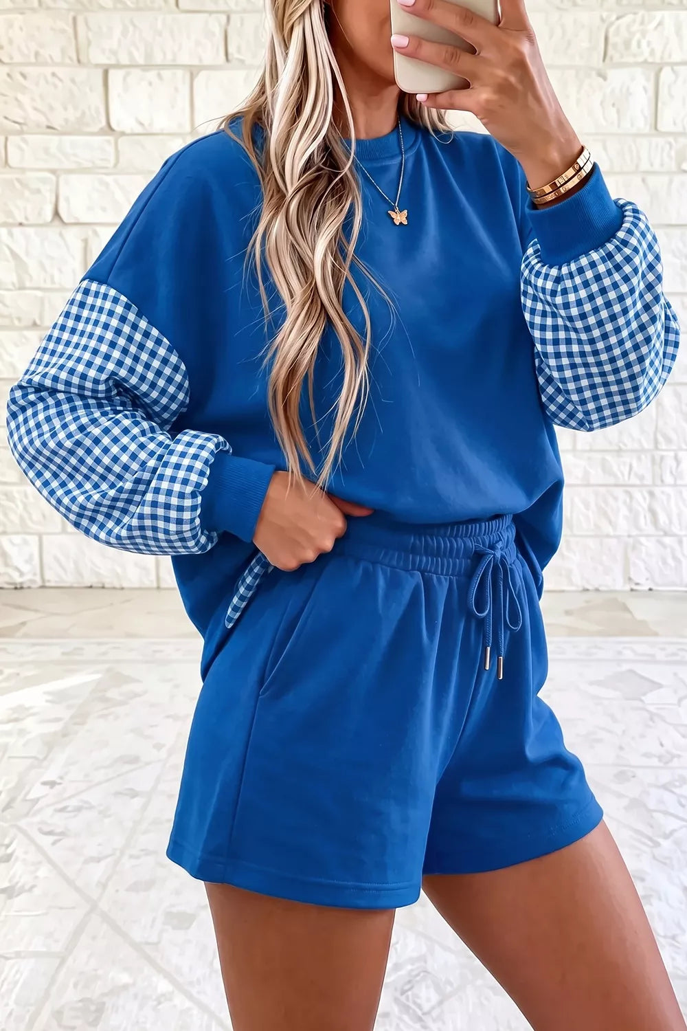 Gingham Patchwork Long Sleeve Sweatshirt and Shorts Set - photo 5