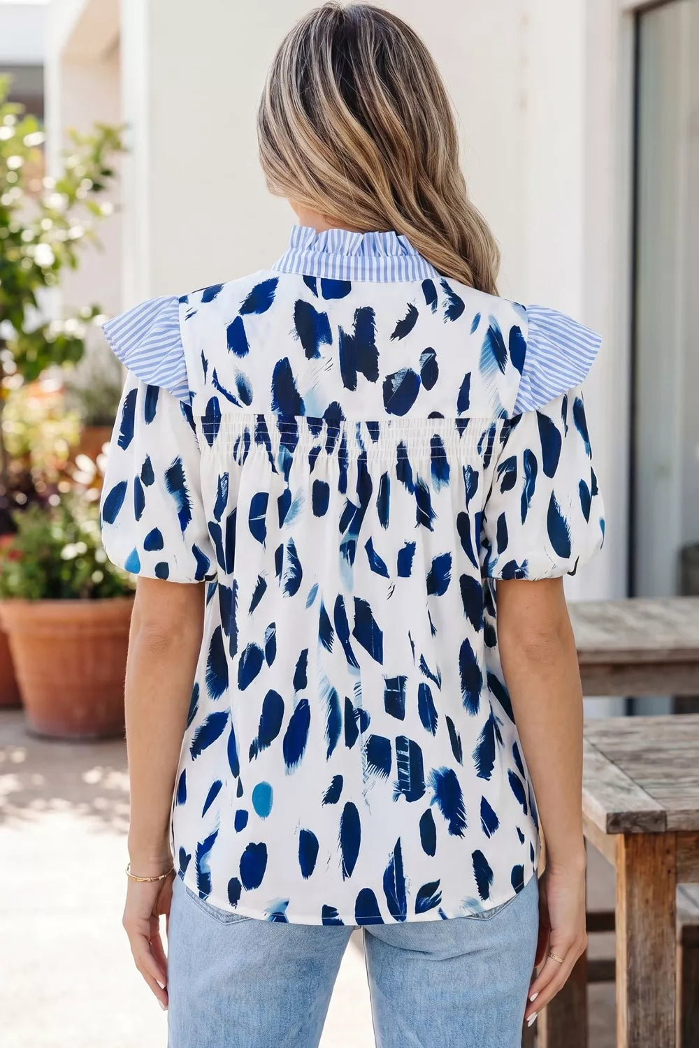 Abstract Animal Print Striped Ruffle Trim V Neck Blouse Secondary image