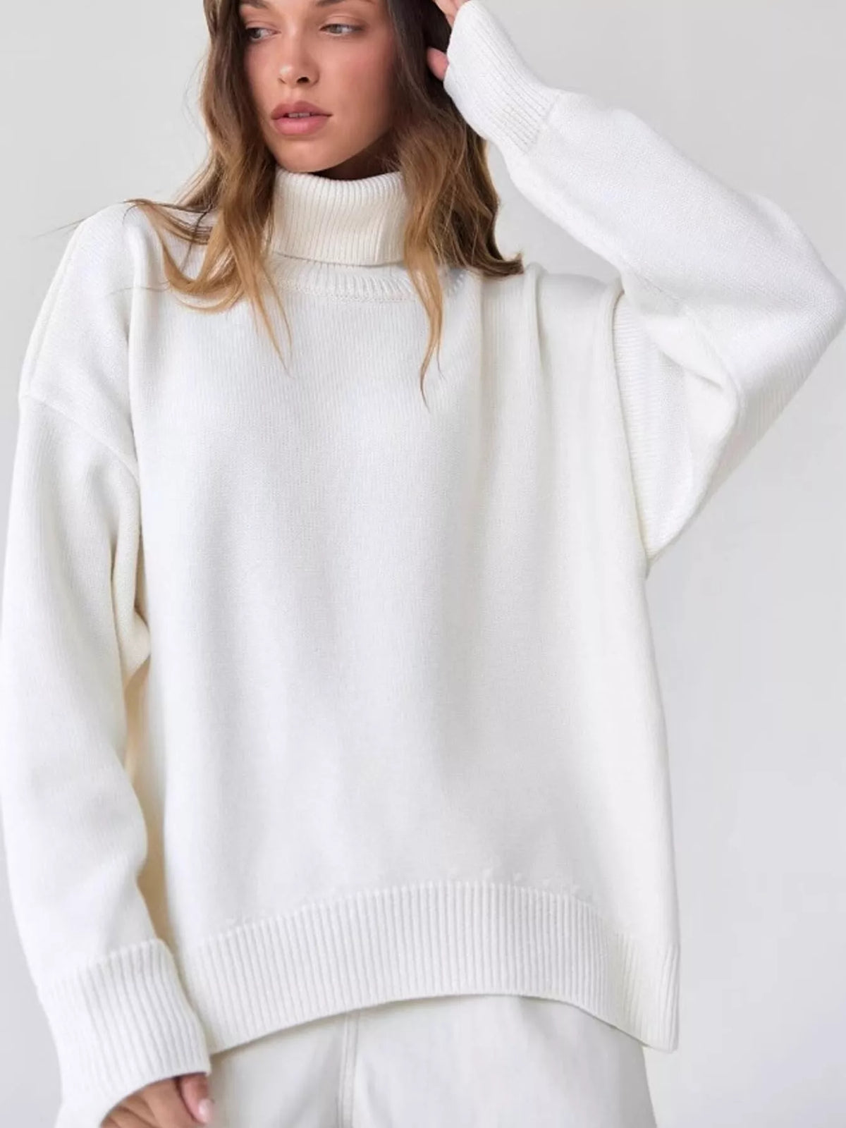 Women's Oversized Ribbed Turtleneck Sweater – Dropped Shoulder Relaxed Fit - photo 2