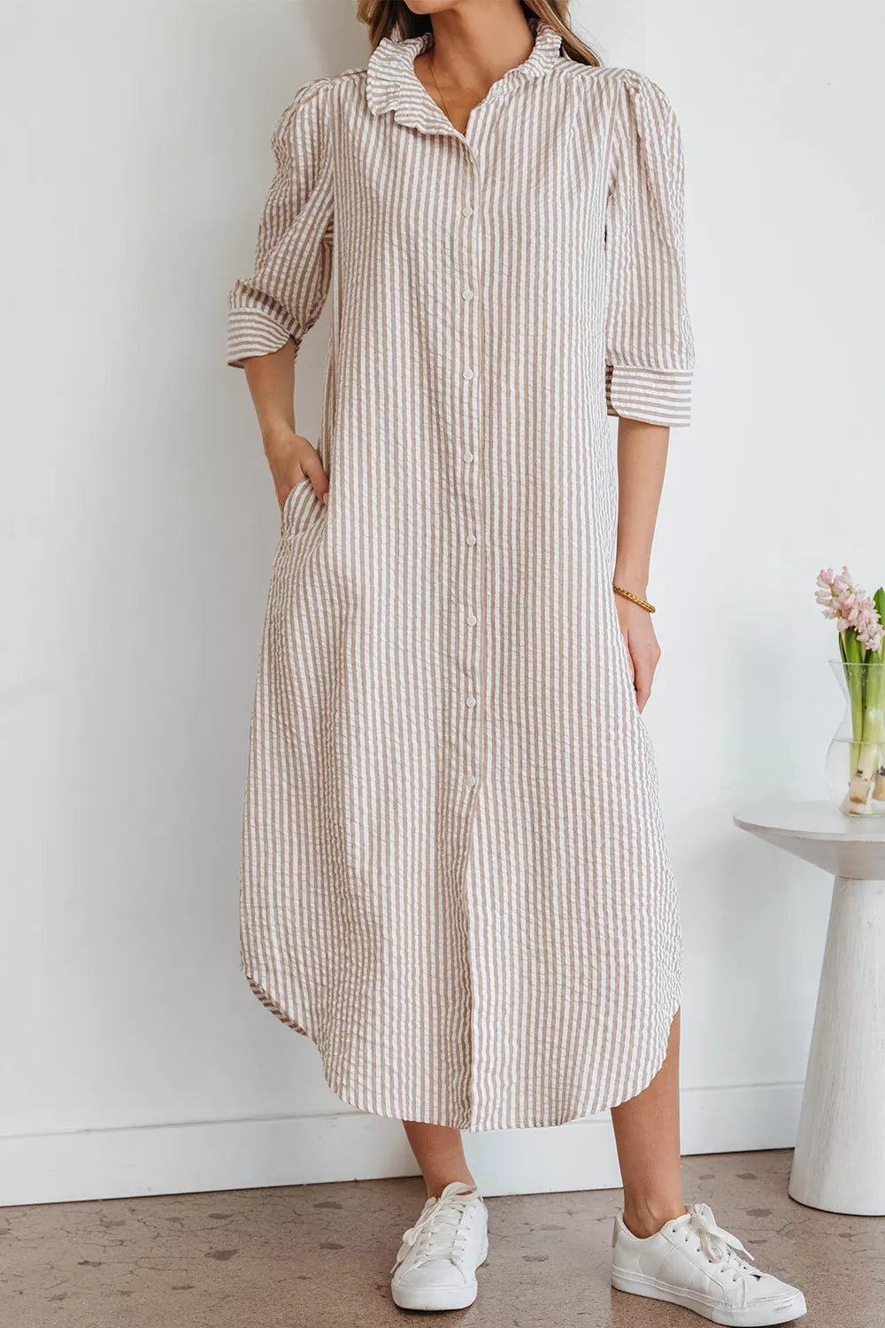 Stripe Frilled Collar Half Sleeve Shirt Dress Secondary image