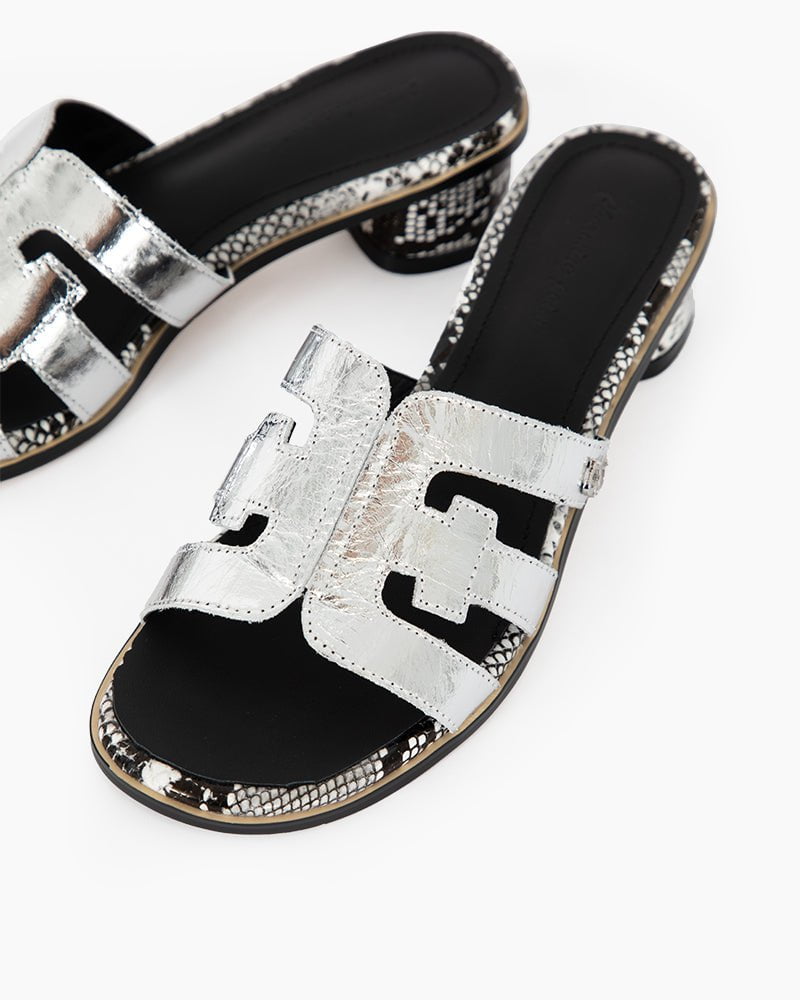 Cutout Strap Leather Mid Block Heel Slide Sandals