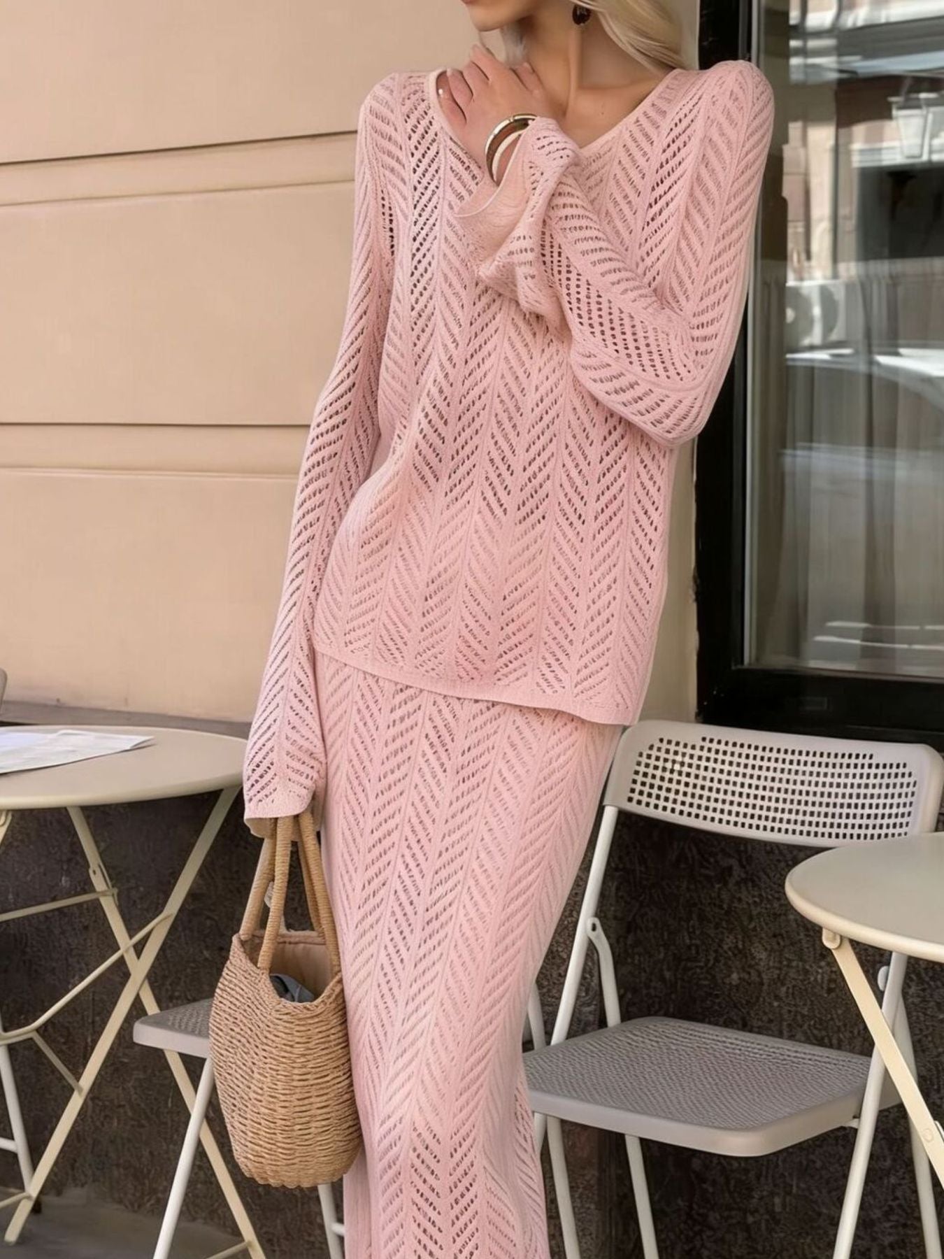 Openwork Long Sleeve Knit Top and Skirt Set Secondary image