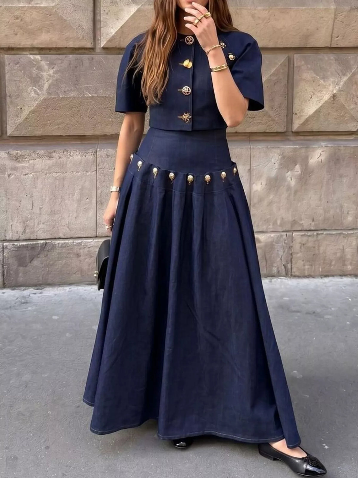 Gold Button Top and Skirt Denim Set - photo 1
