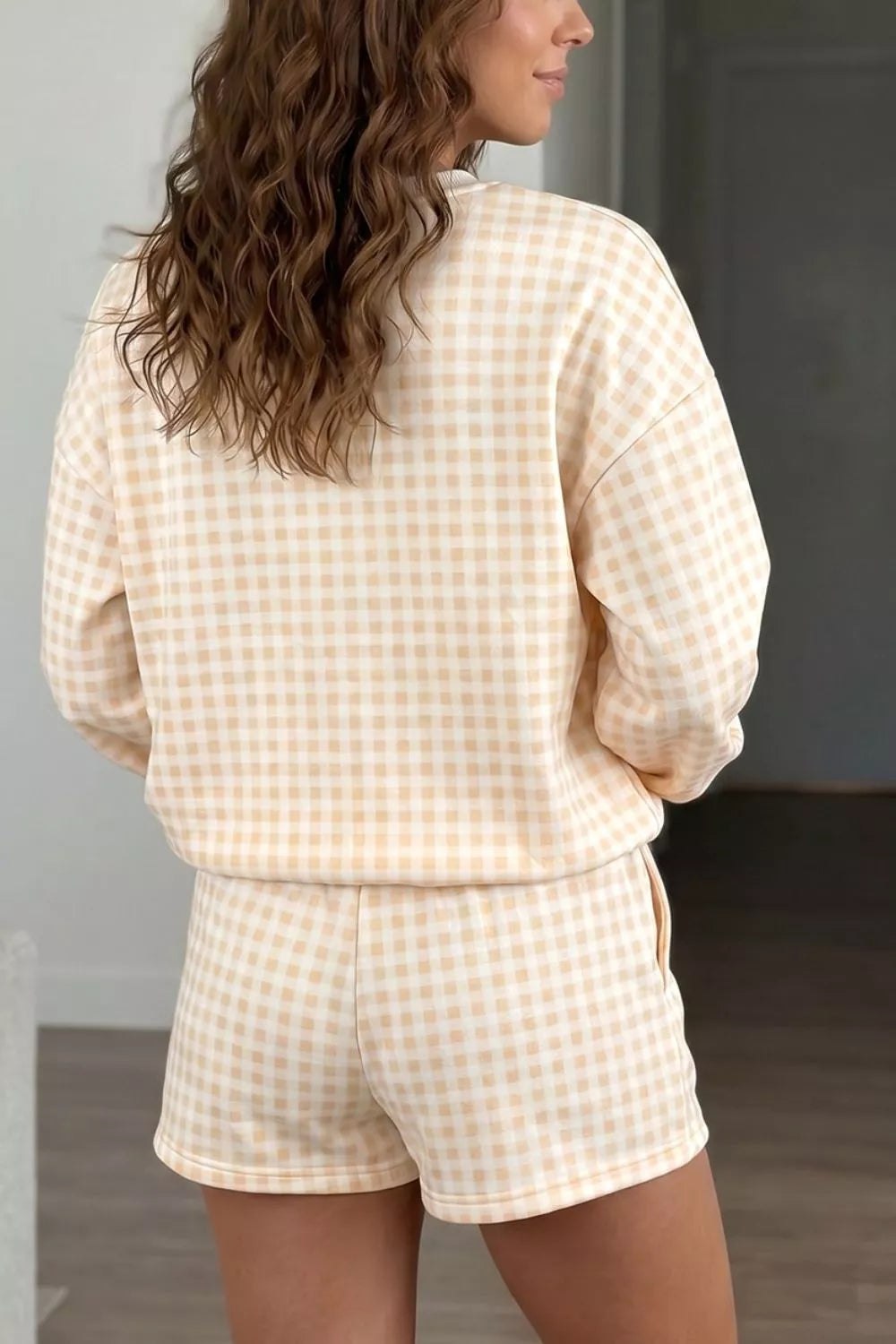 Gingham Long Sleeve Sweatshirt and Shorts Set – Pastel Yellow - photo 5