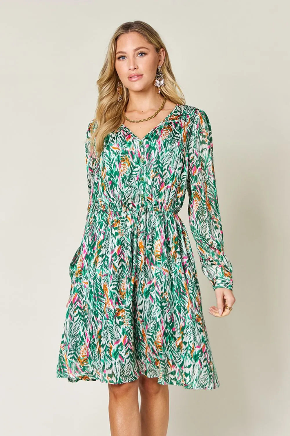 Double Take Full Size Printed Drawstring Waist Long Sleeve Dress Secondary image