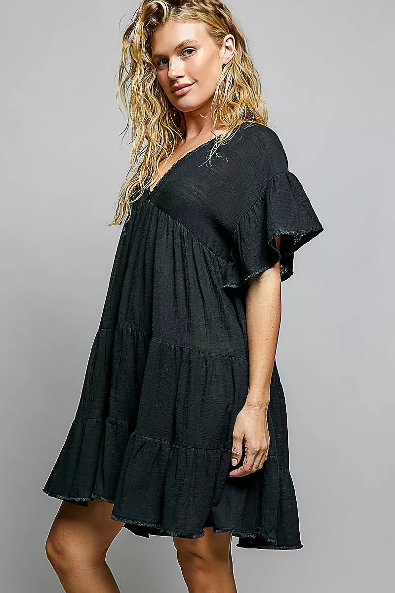 POL Ruffle Shirred V-Neck Short Sleeve Cotton Dress Secondary image