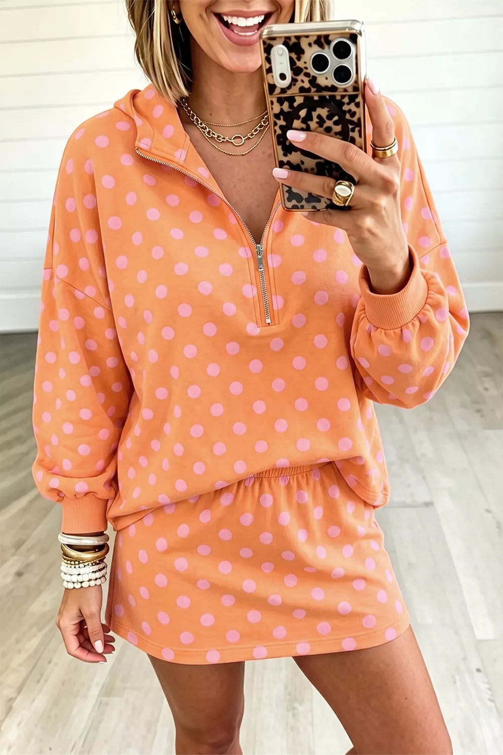 Polka Dot Quarter-Zip Hoodie and Skirt Set Secondary image