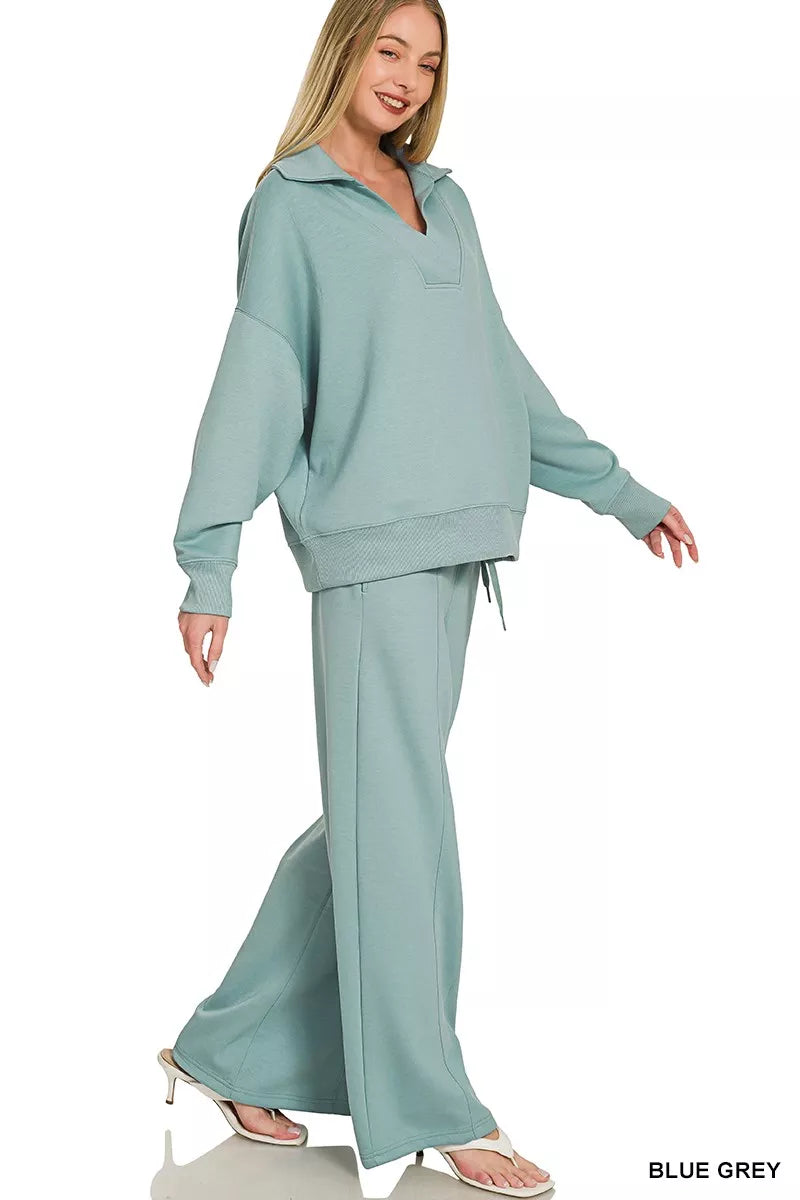Zenana Scuba Collared Pullover & Center Seam Pants Set Secondary image