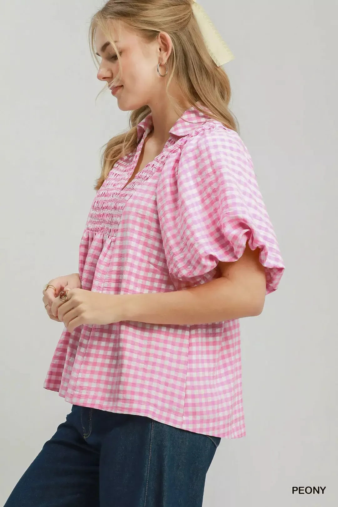 Umgee Smocked Yoke Puff Sleeve Gingham Blouse Secondary image
