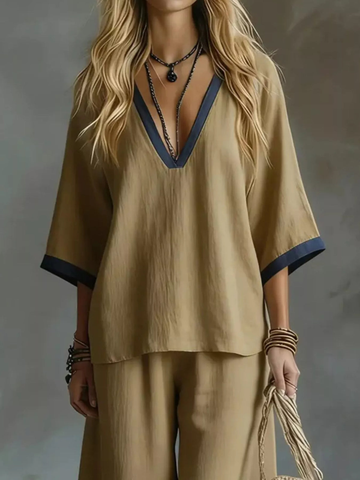 Full Size Contrast Trim V-Neck Top and Pants Set Plus Size - photo 5