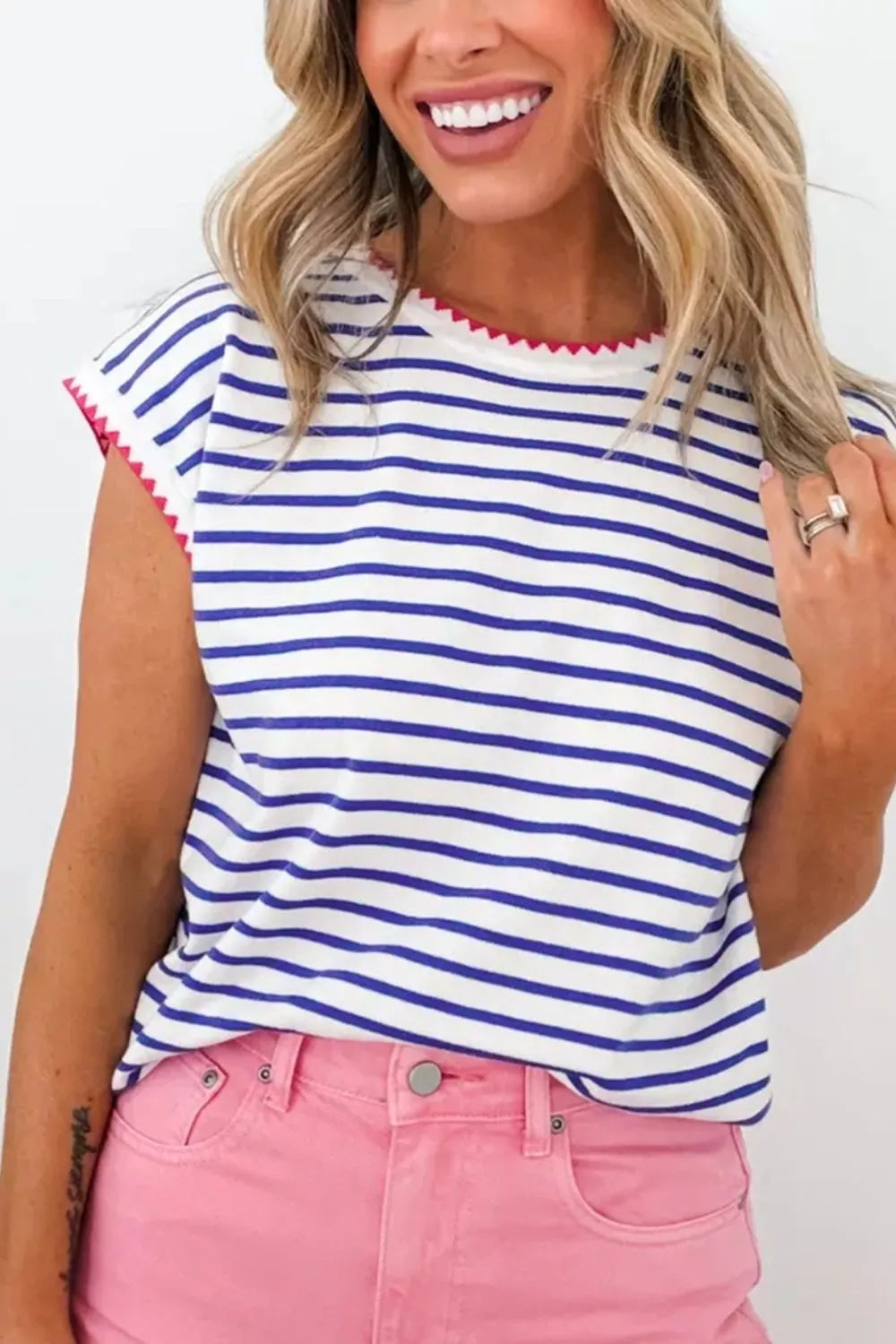 Stripe Contrast Trim Round Neck Cap Sleeve Tee Secondary image