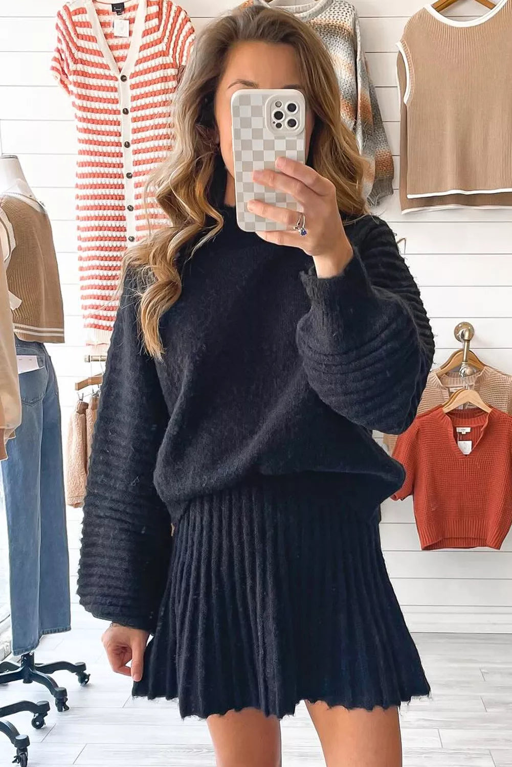 Round Neck Top and Skirt Sweater Set Secondary image