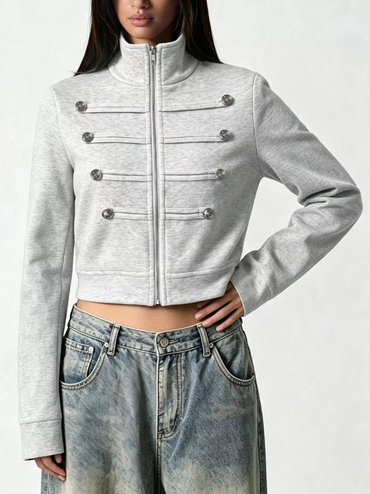 Cropped Zip-Up Outerwear with Decorative Buttons - photo 3