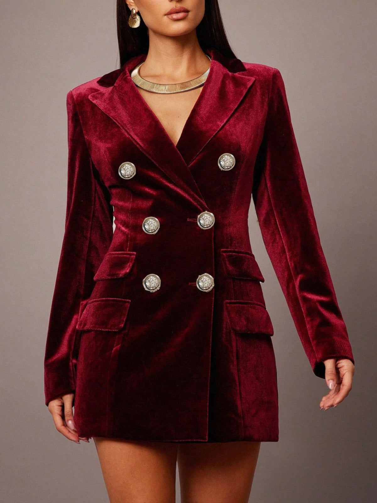 Velvet Double-Breasted Blazer Dress – Wine Red / Dark Green - photo 3