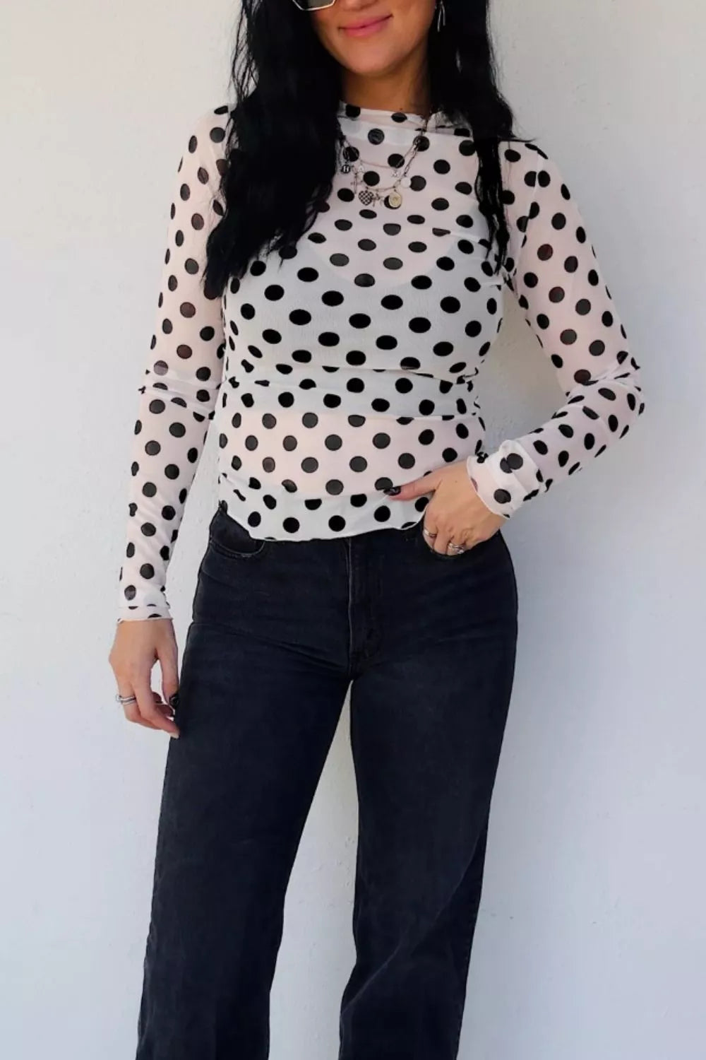 Polka Dot Mesh Long Sleeve Stand Neck Sheath Top Secondary image
