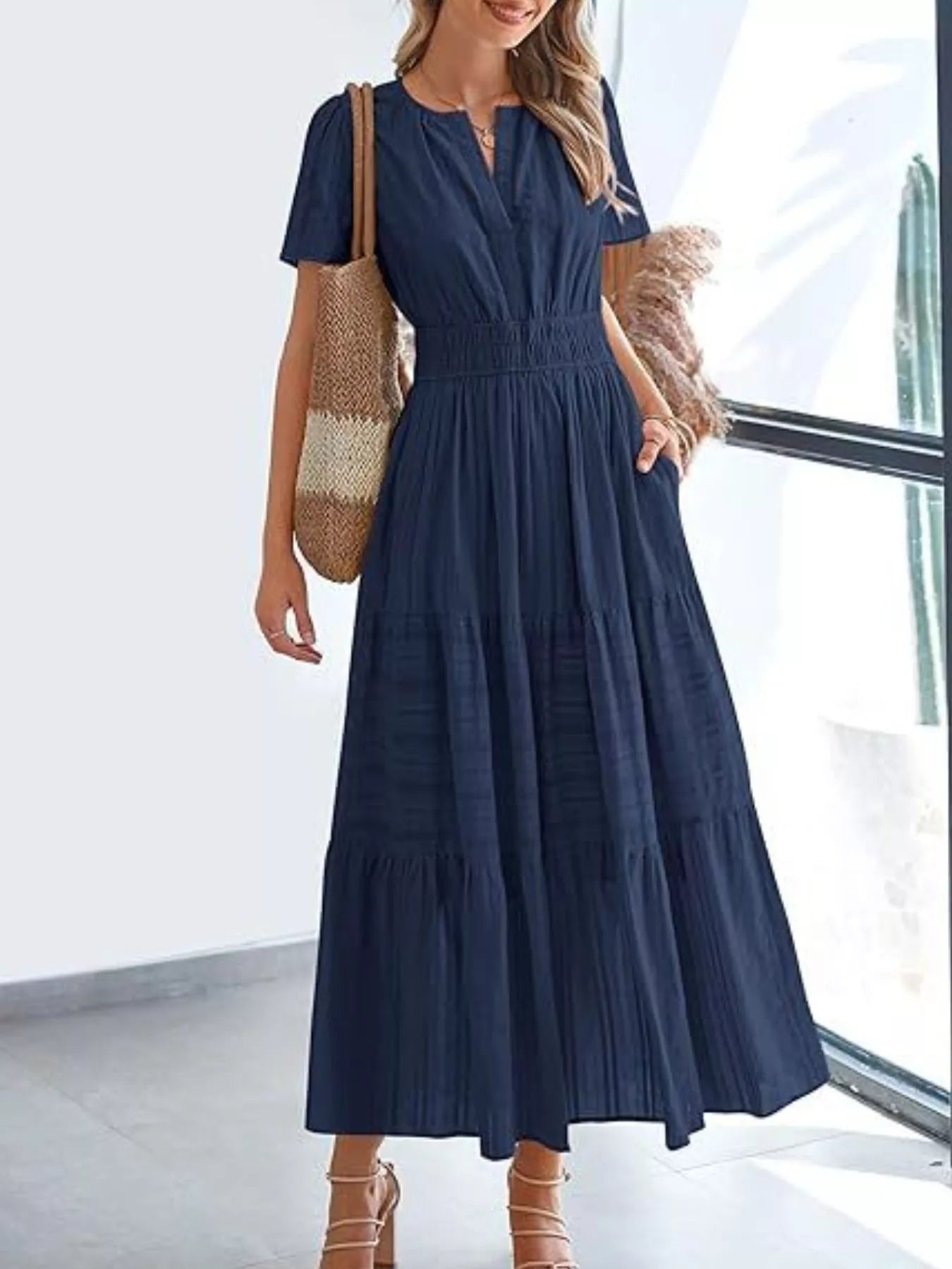 Full Size Short Sleeve Tiered Midi Dress Plus Size Secondary image