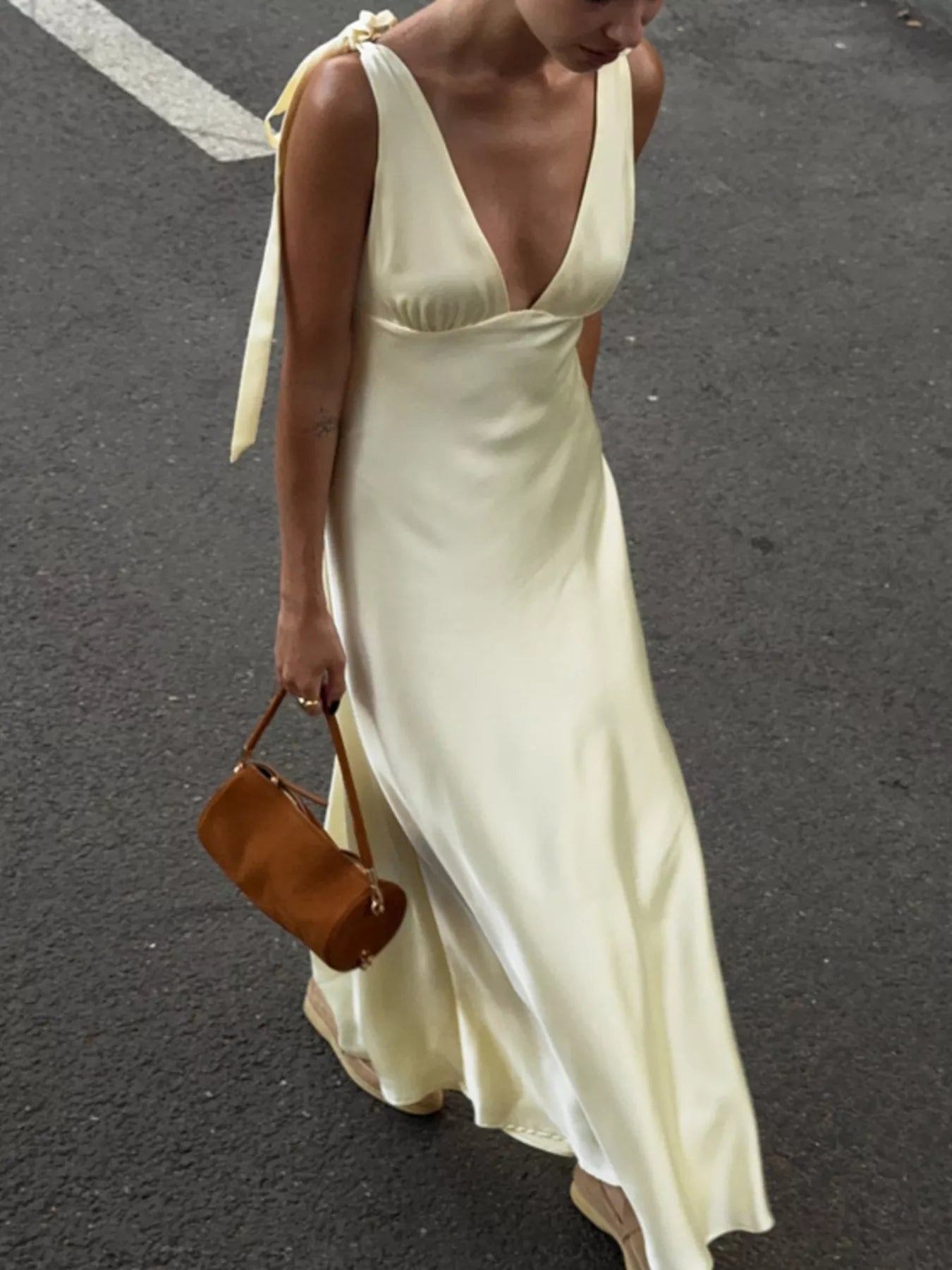 Satin Tie Shoulder Deep V-Neck Dress Secondary image