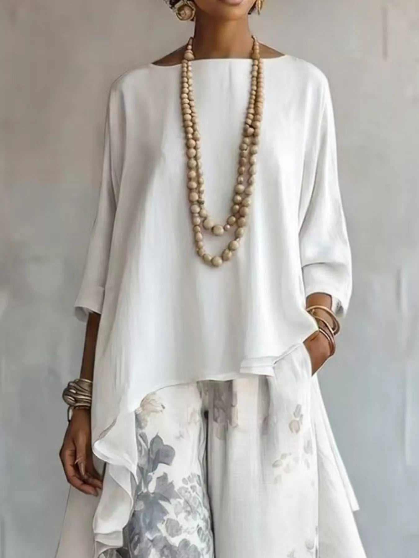 Asymmetrical Hem Top and Floral Pants Set Secondary image