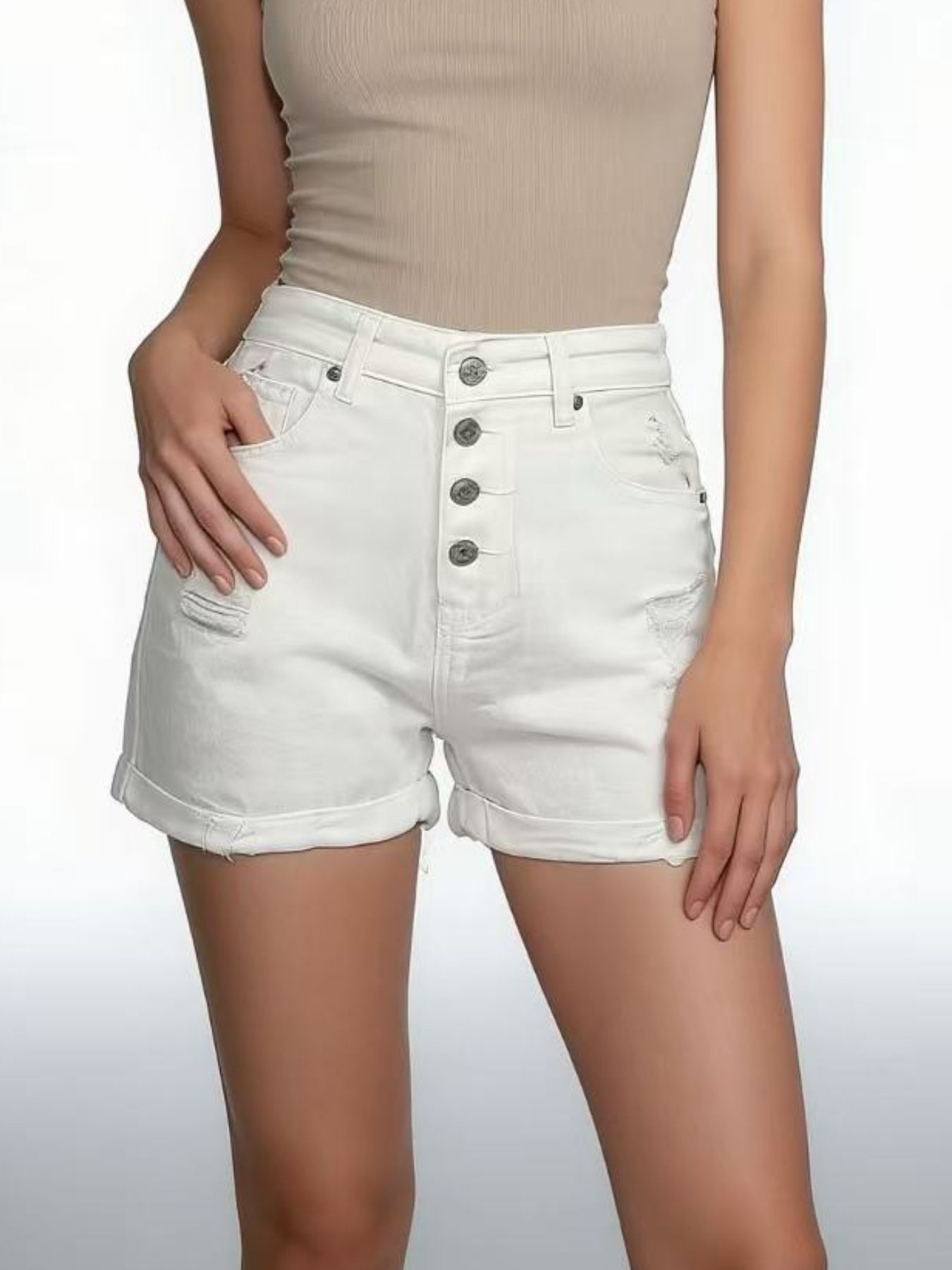 High-Waisted Button-Fly Distressed Denim Shorts Secondary image