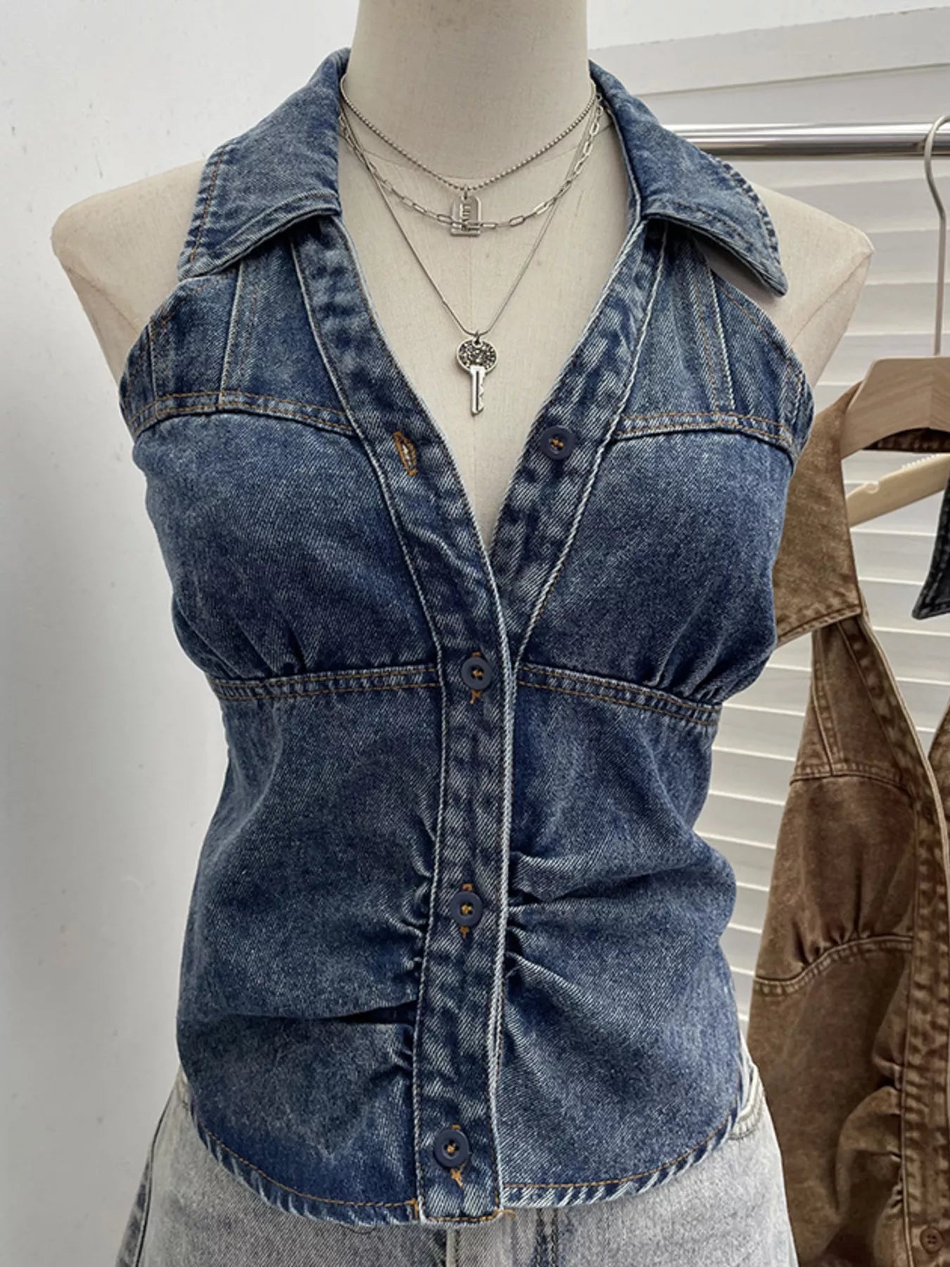 Smocked Denim Halter Collar Top Secondary image