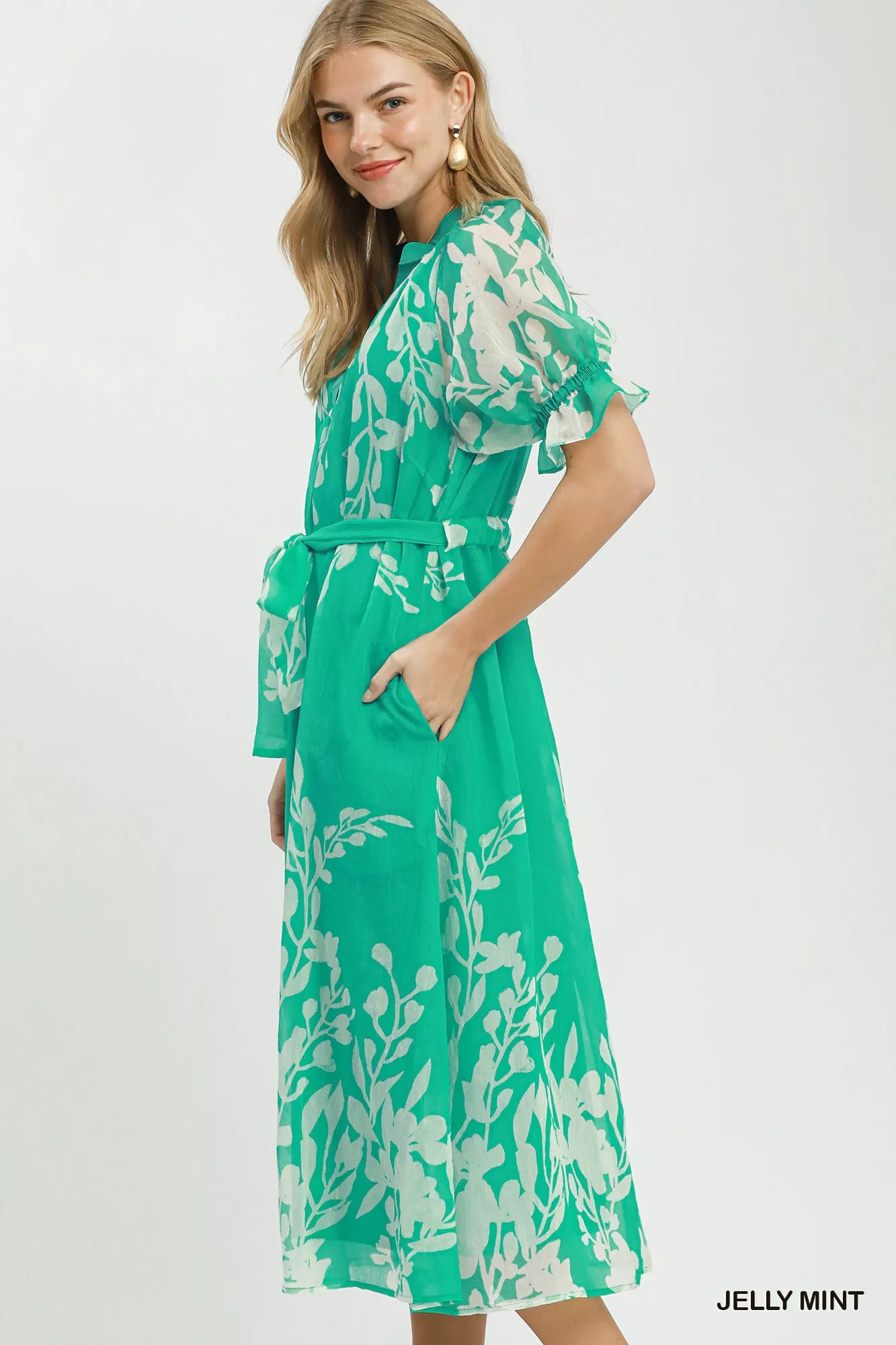 Umgee Floral Print Tie Waist Midi Dress with Side Pockets Secondary image