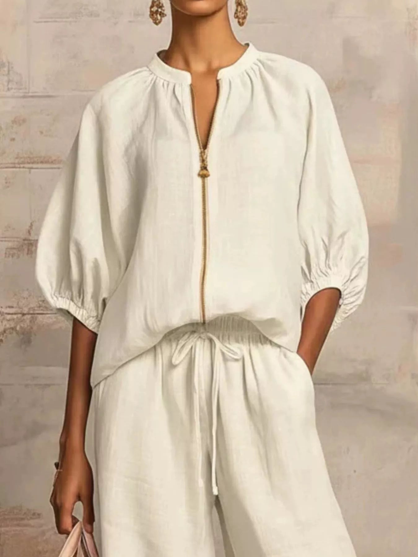 Full Size Zip-Front Top and Wide-Leg Pants Set Plus Size Secondary image