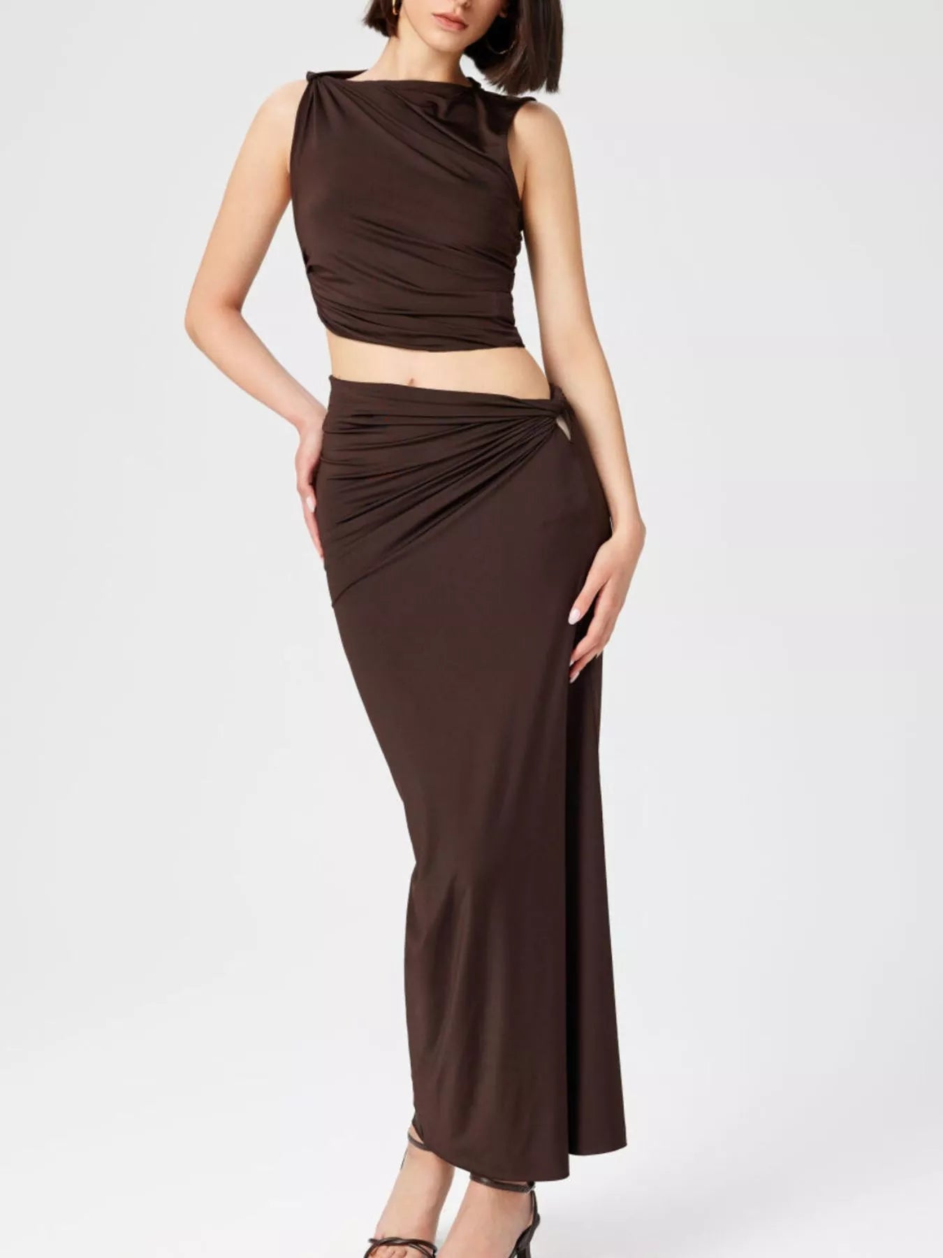 Asymmetrical Ruched Knit Top and Skirt Set Secondary image