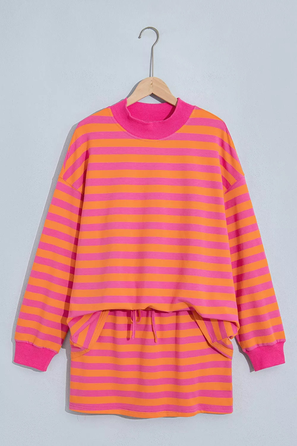 Stripe Color Block Patchwork Mock Neck Pullover Drawstring Mini Skort Set - photo 3