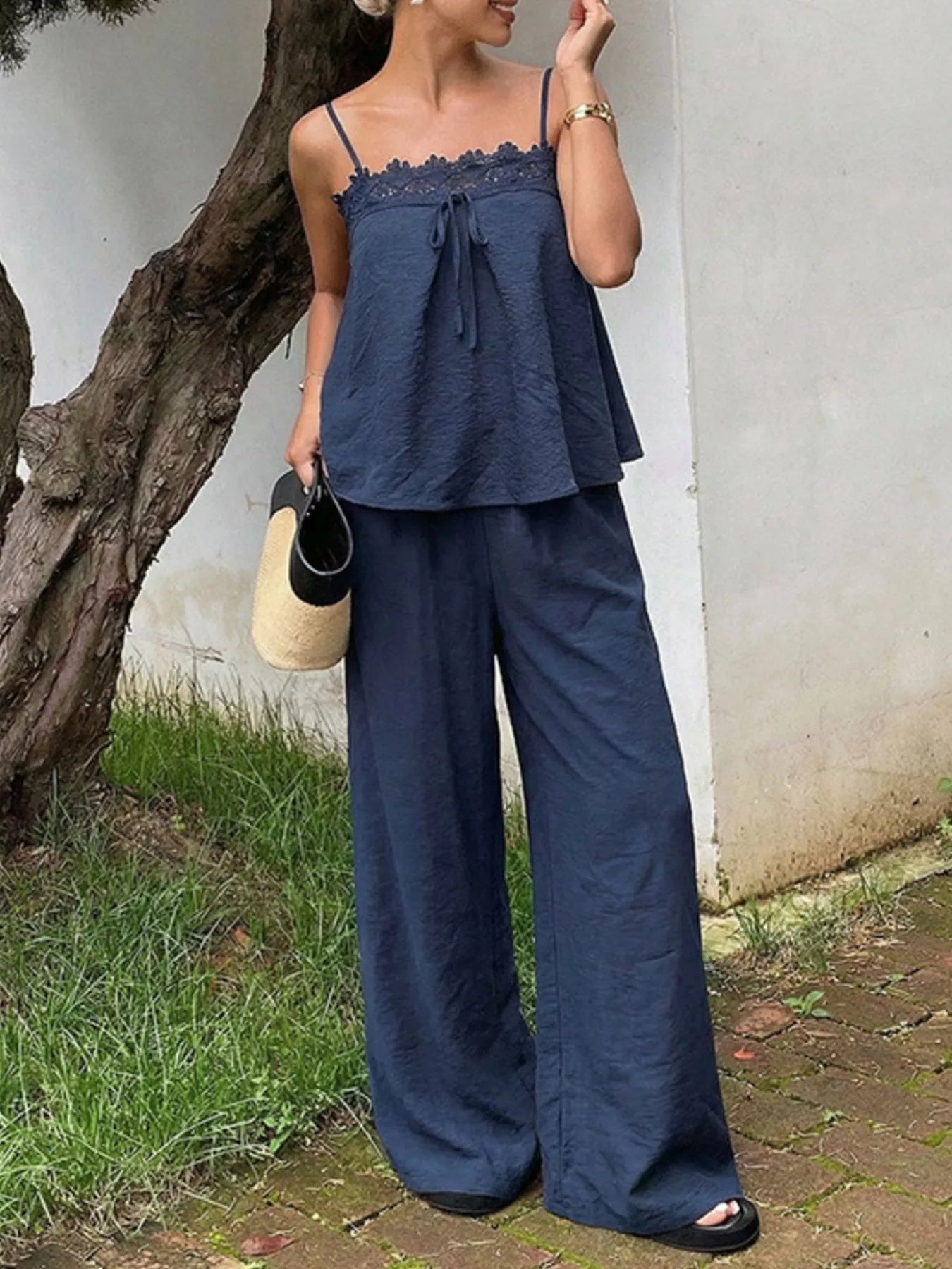 Lace Trim Cami and Wide-Leg Pants Set Secondary image
