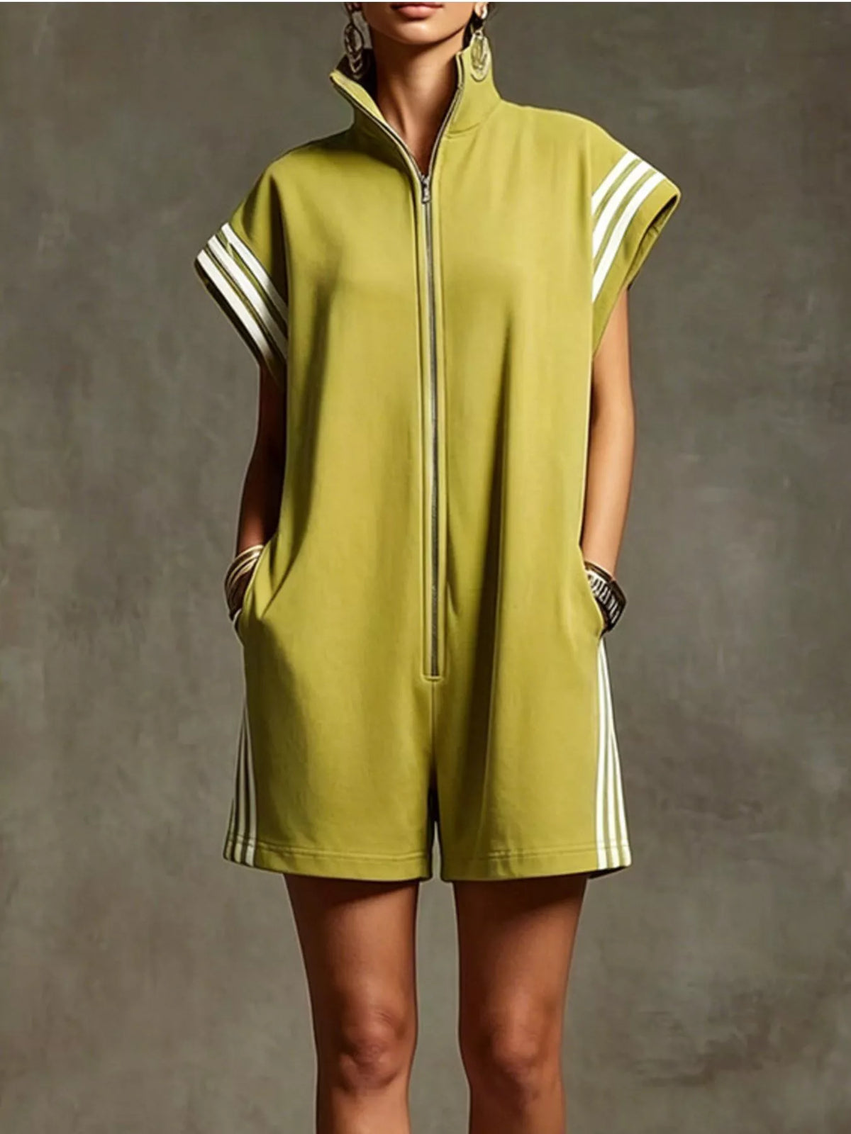 Striped Zip Front Short Sleeve Romper - photo 13
