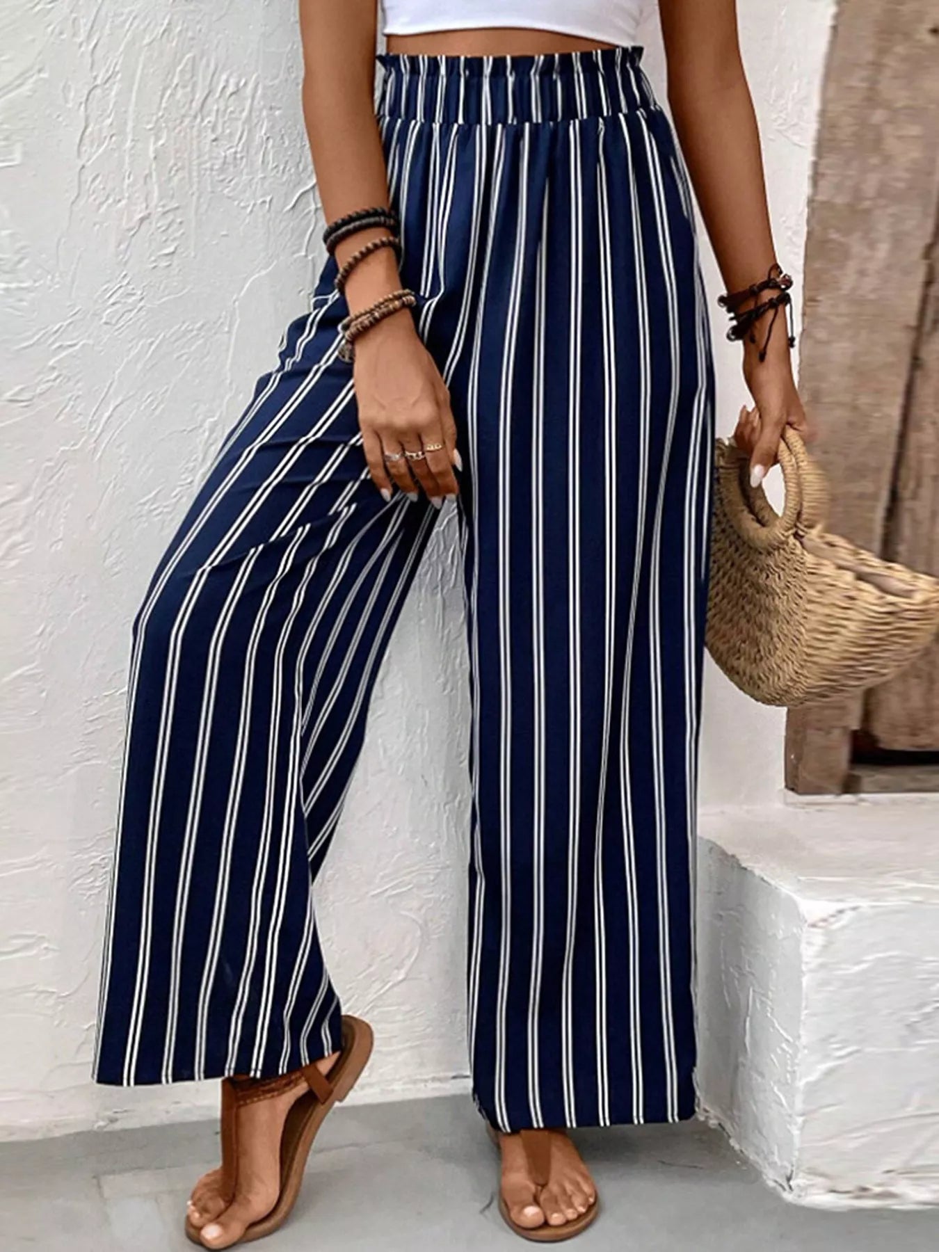 Striped Wide-Leg Pants with Elastic Waistband Secondary image