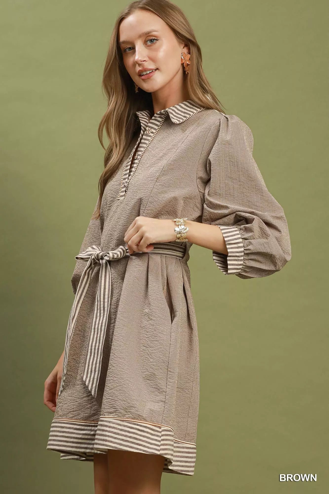 Umgee Striped Contrast Belted Puff Sleeve Mini Dress Secondary image