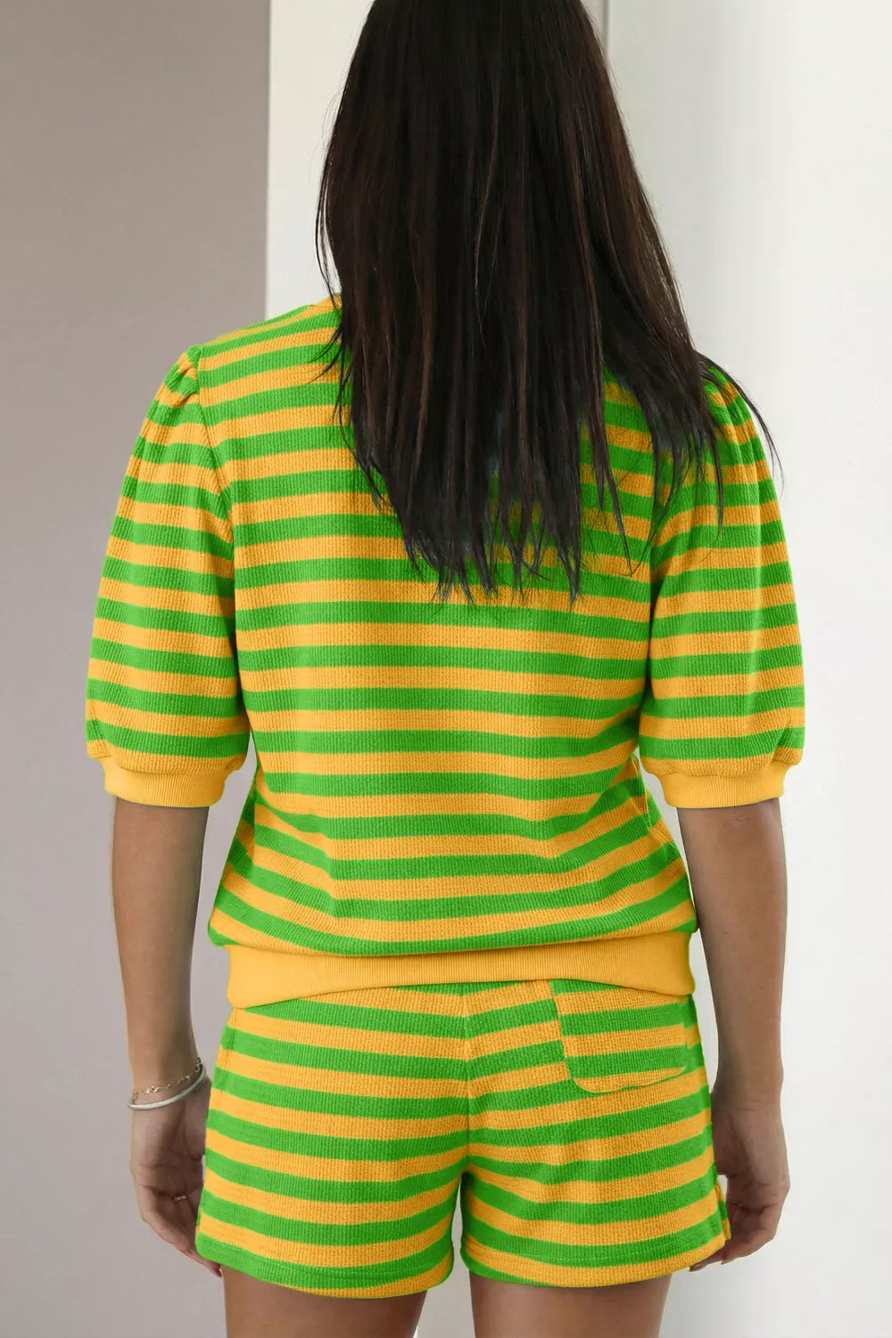 Striped Puff Sleeve Top and Drawstring Shorts Set Secondary image
