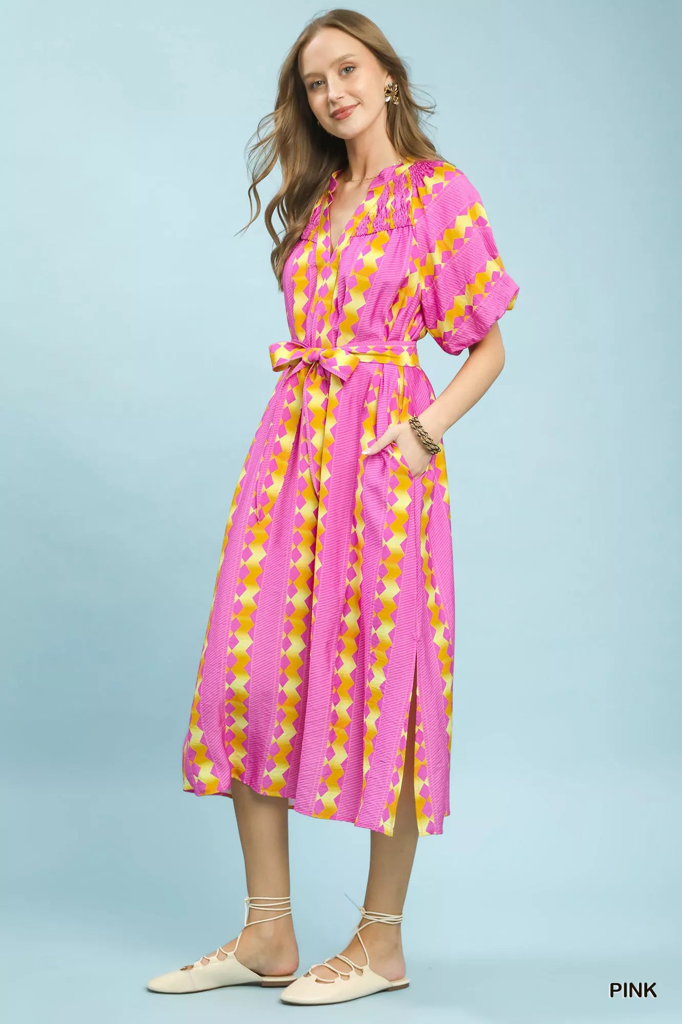 Umgee Geo Stripe Smocked Waist Tie Dress Secondary image