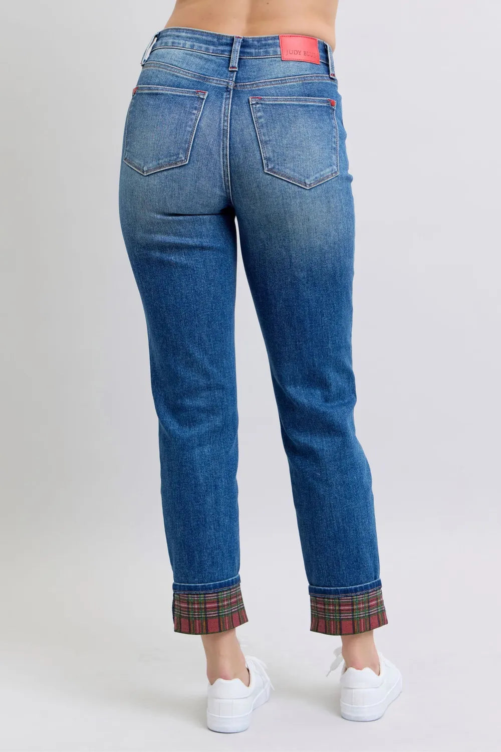 Judy Blue Full Size Plaid Print Cuff Straight Leg Jeans with Pockets Secondary image