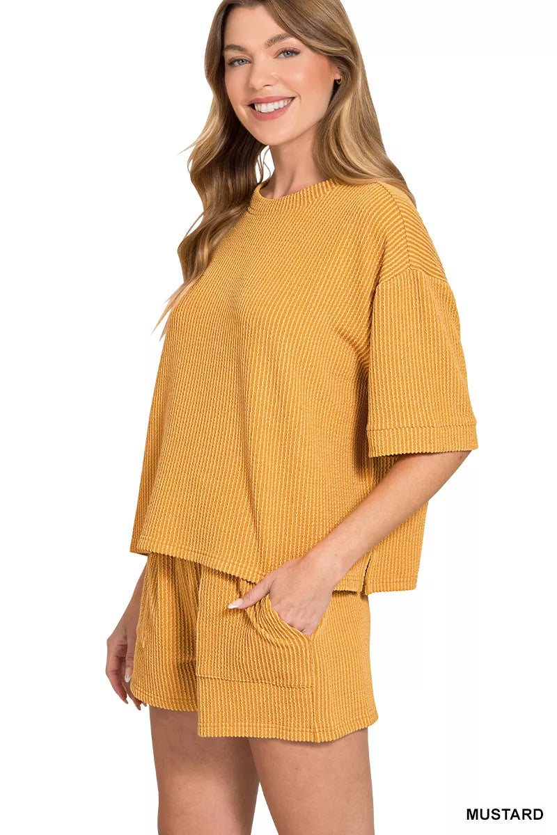 Zenana Raised Rib Short Sleeve Tee and Drawstring Shorts Set Secondary image