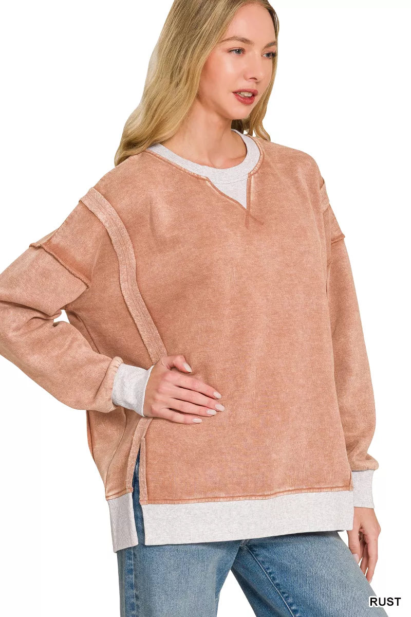 Zenana Fleece Acid Washed Contrast Trim Sweatshirt Secondary image