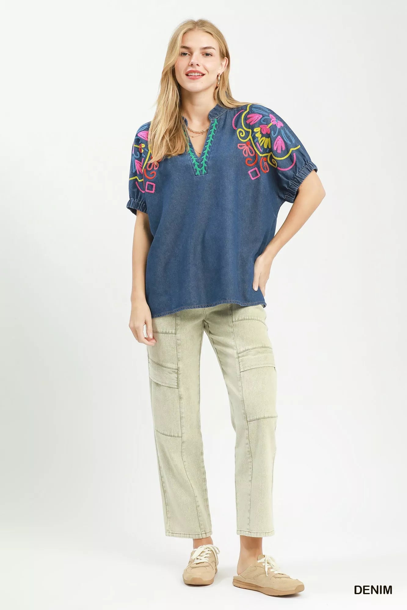 Umgee Embroidered Denim Puff Sleeve Top Secondary image