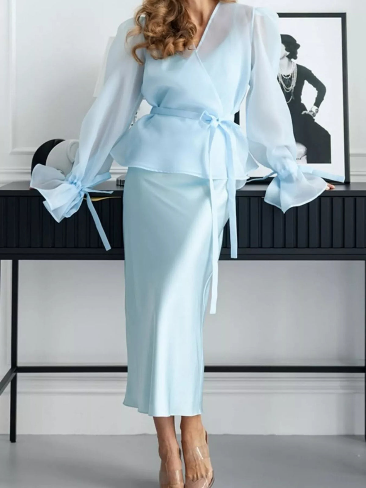 Flounce Sleeve Blouse and Satin Midi Skirt Two-Piece Set - photo 10