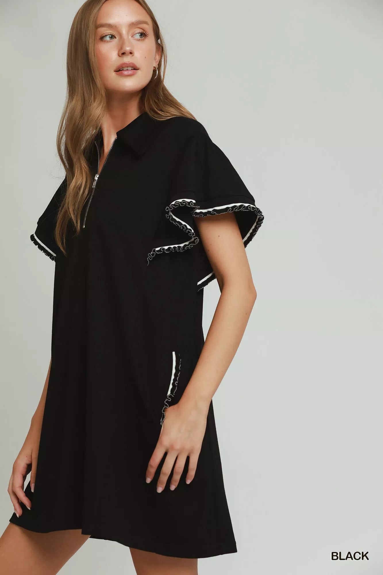 Umgee Half Zip Ruffle Rib Band Butterfy Sleeve Mini Dress with Pockets Secondary image