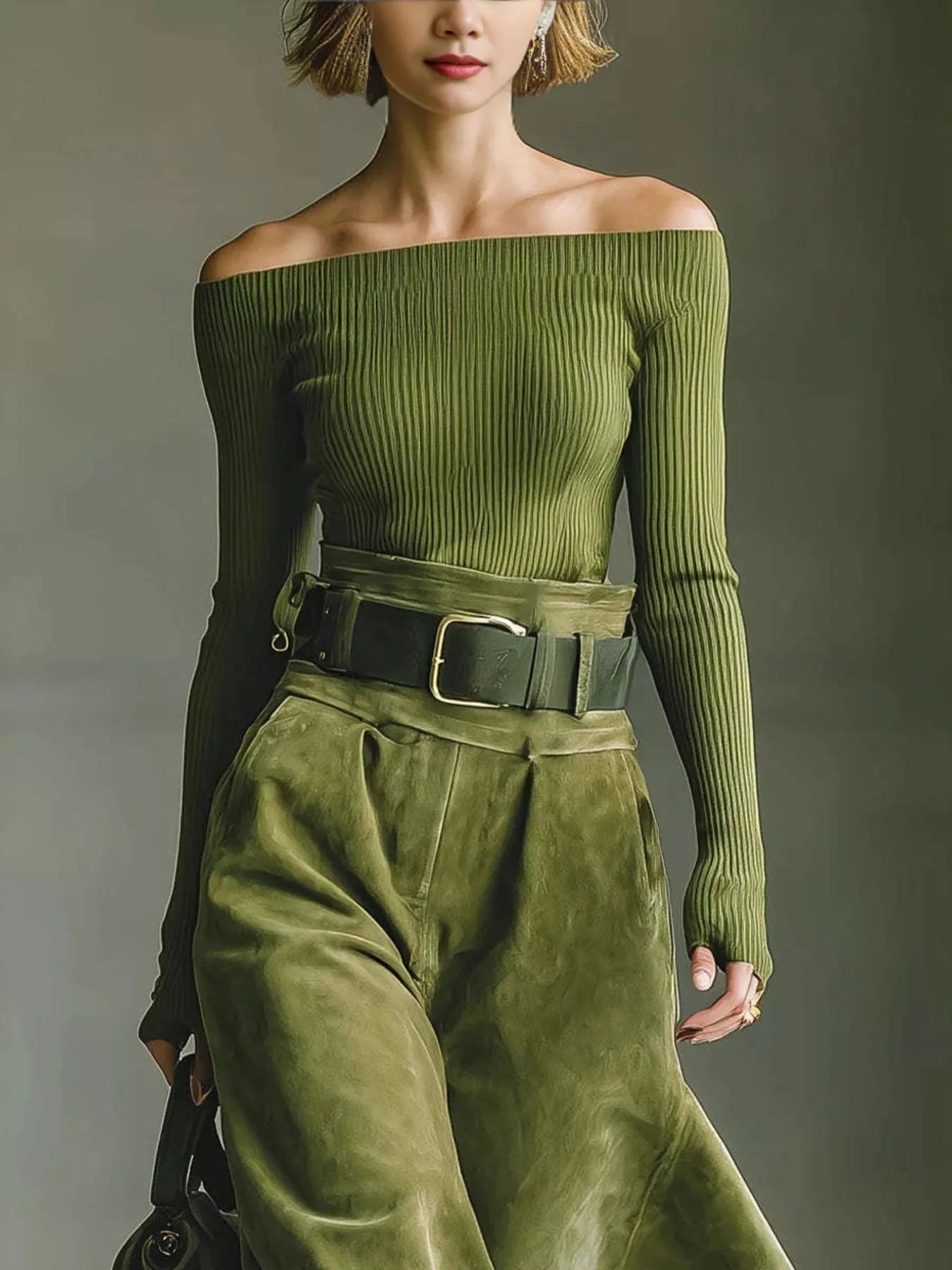Off-Shoulder Ribbed Knit Top and Skirt Set Secondary image